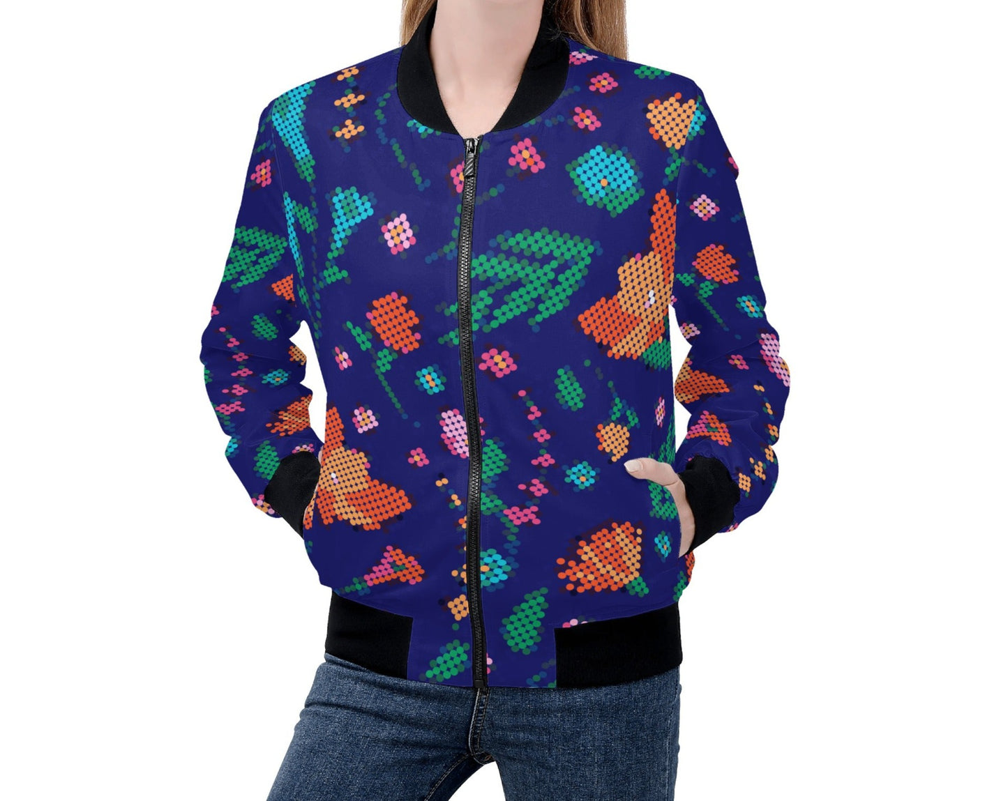 Women's Métis Digital Dotted Floral Zip Up Lightweight Bomber Jacket