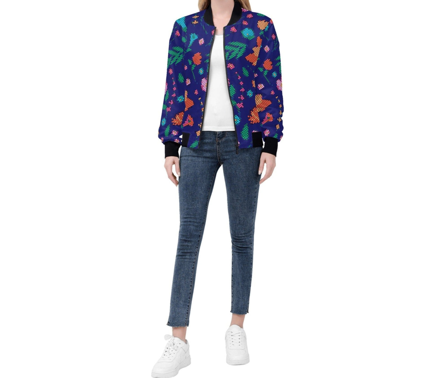 Women's Métis Digital Dotted Floral Zip Up Lightweight Bomber Jacket