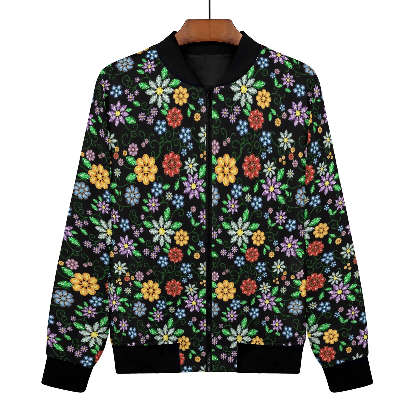 Women's Métis Inspired Floral Beaded Zip Up Lightweight Bomber Jacket