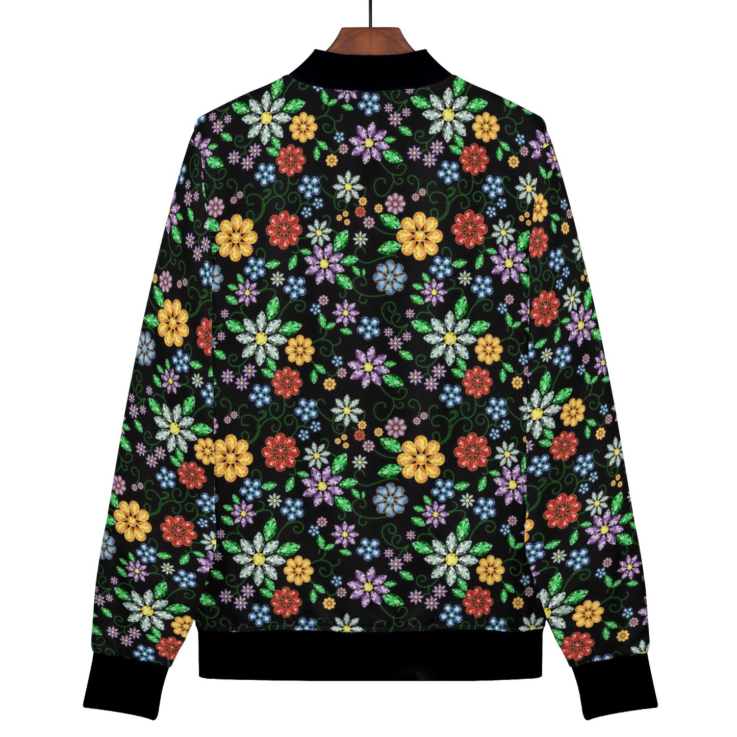 Women's Métis Inspired Floral Beaded Zip Up Lightweight Bomber Jacket