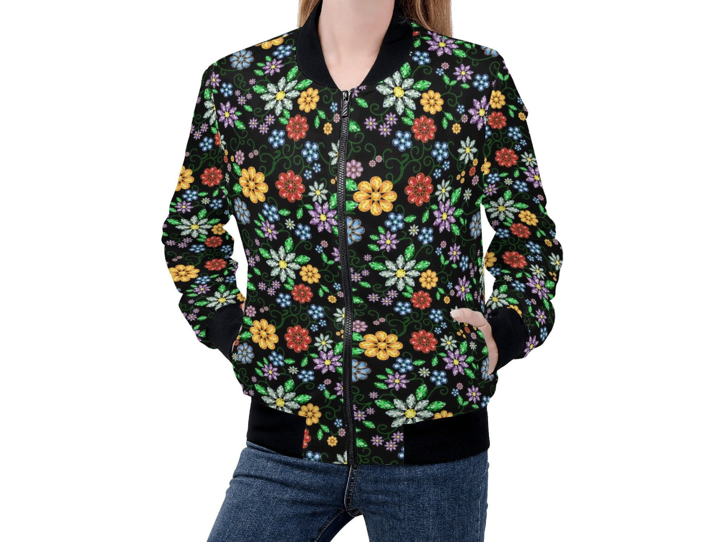 Women's Métis Inspired Floral Beaded Zip Up Lightweight Bomber Jacket