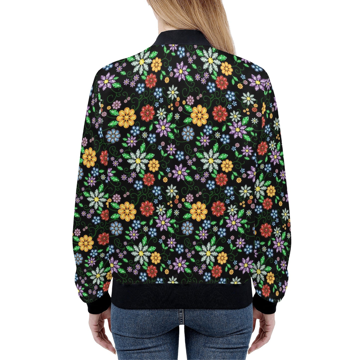 Women's Métis Inspired Floral Beaded Zip Up Lightweight Bomber Jacket