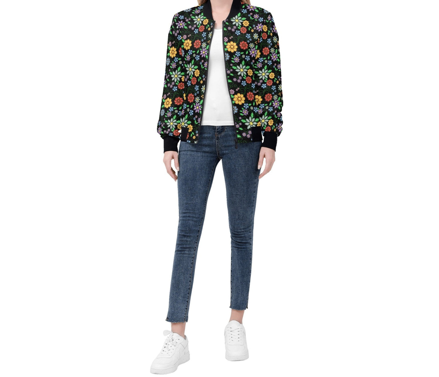 Women's Métis Inspired Floral Beaded Zip Up Lightweight Bomber Jacket