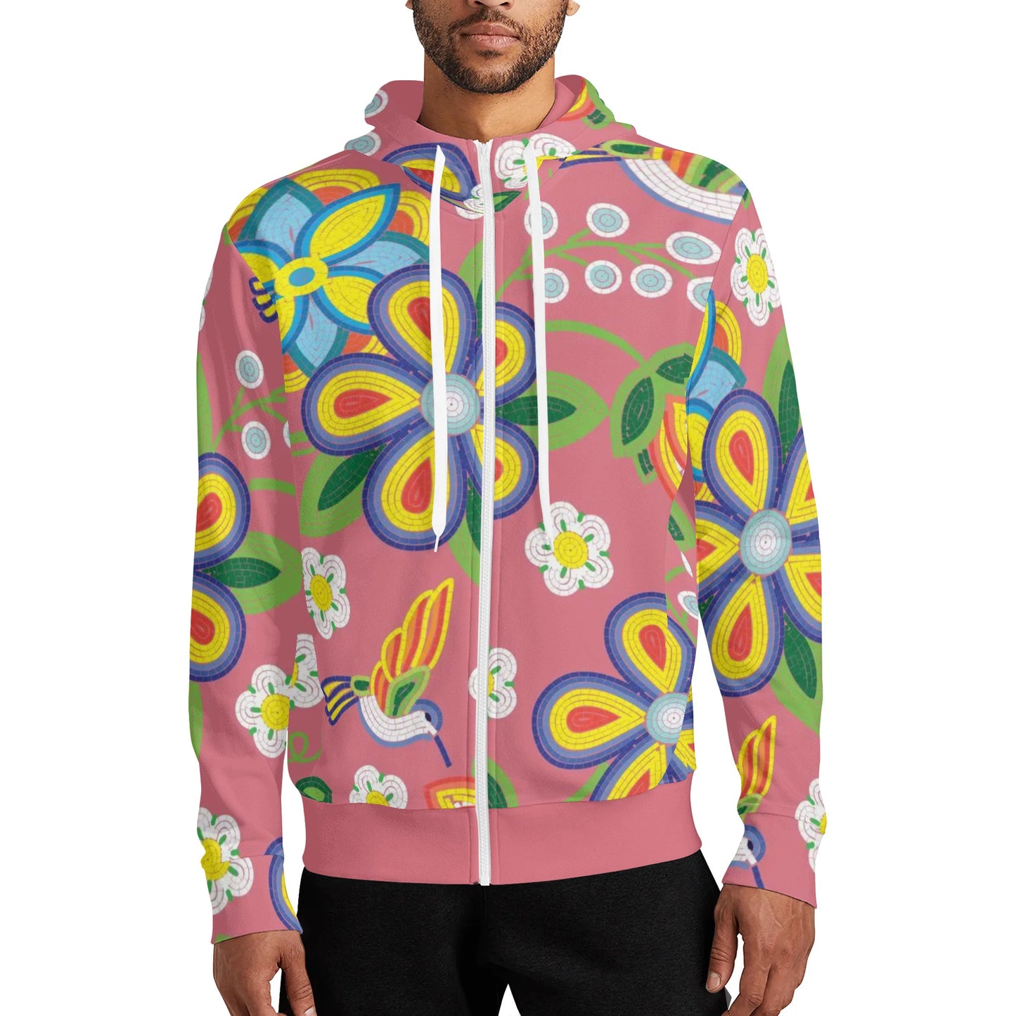 Unisex Métis Floral Beaded Full Zip Turtleneck Hoodie