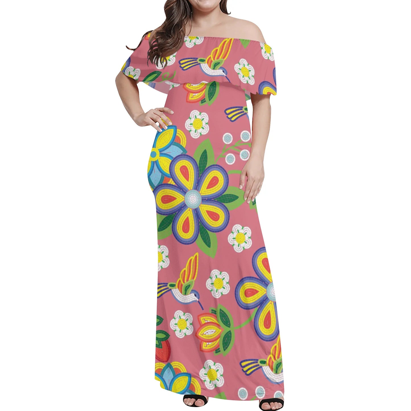 Women's Métis Floral Beaded Off Shoulder Long Dress w/ Printed Upper