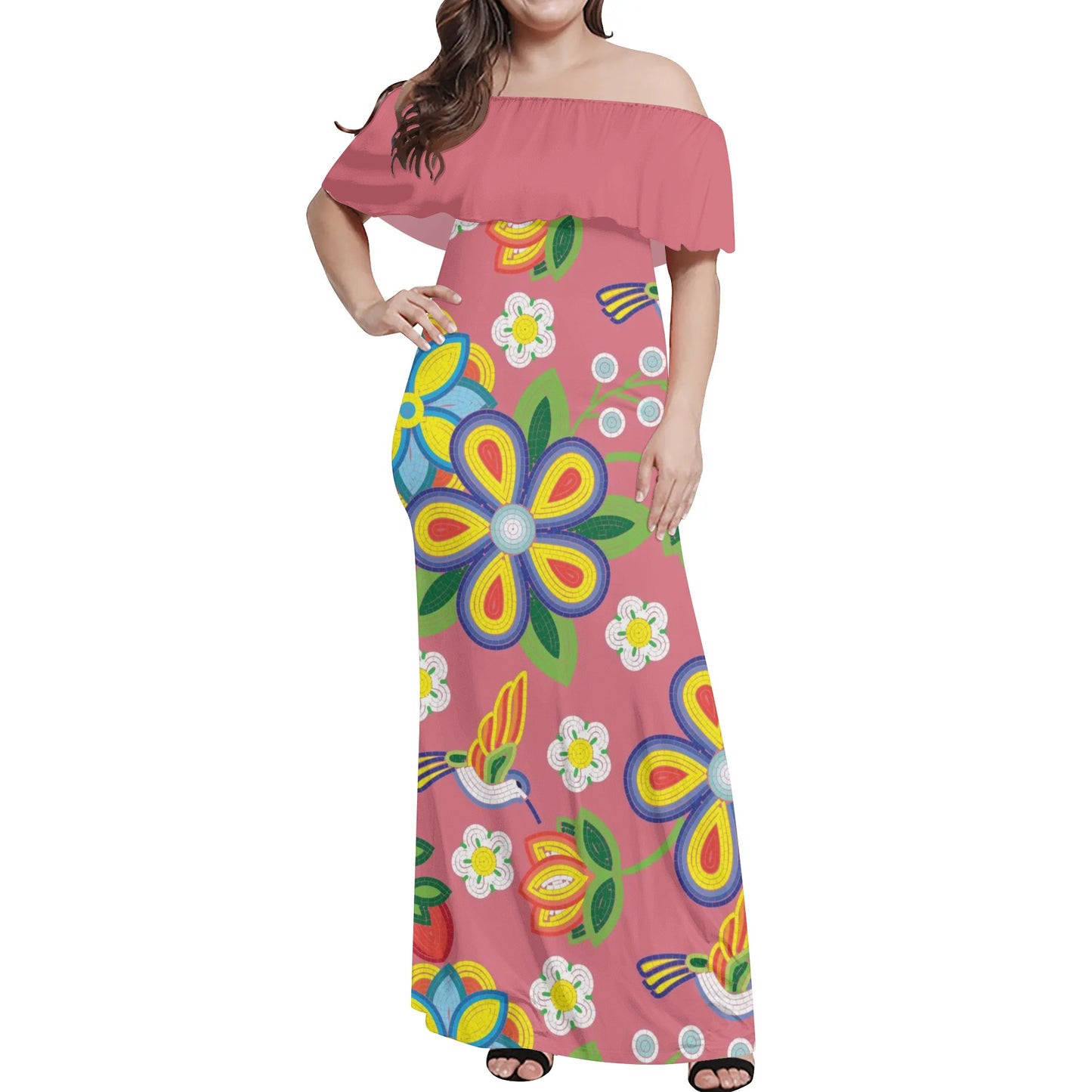 Women's Métis Floral Beaded Off Shoulder Long Dress w/ Pink Upper