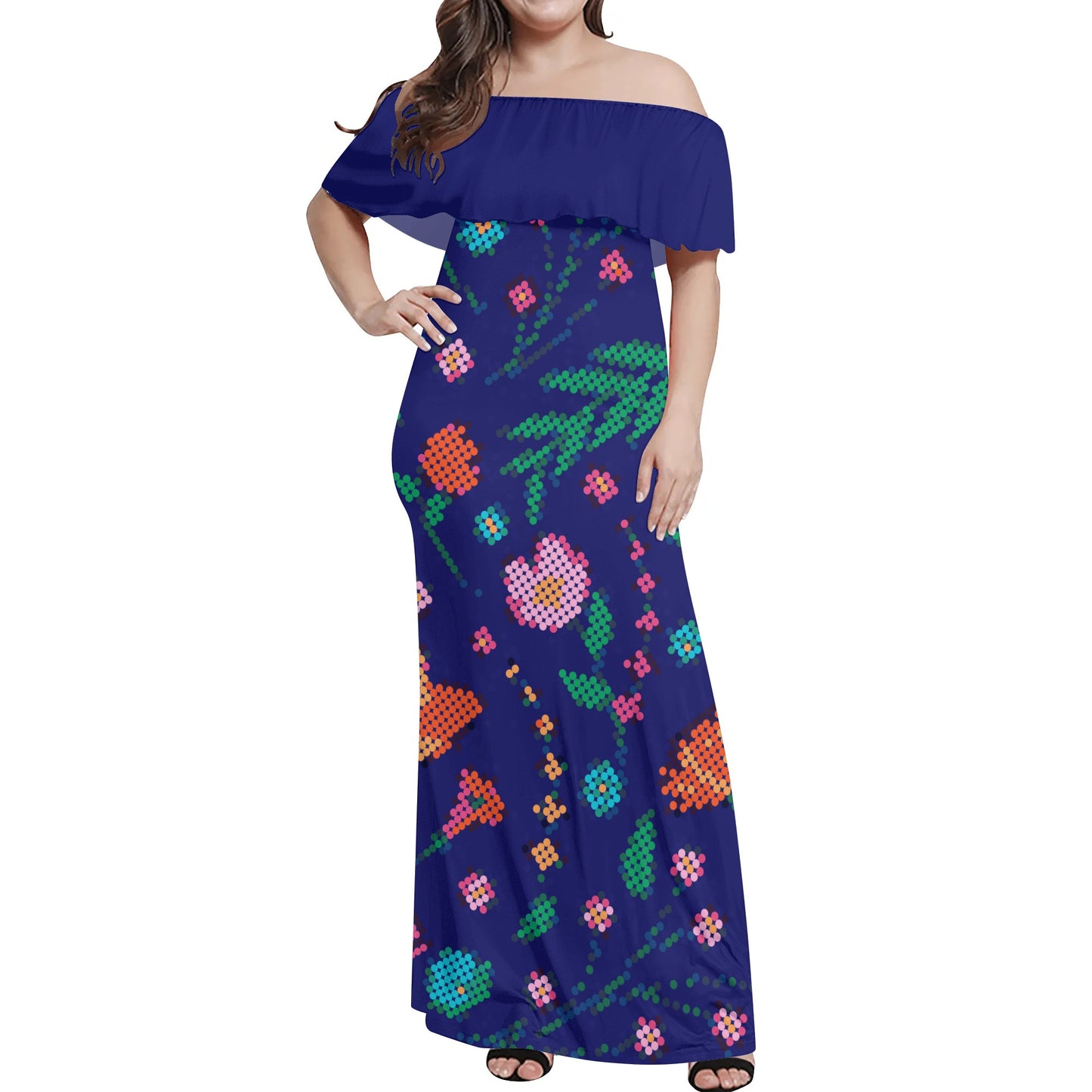 Women's Métis Digital Floral Off Shoulder Long Dress w/ Navy Upper