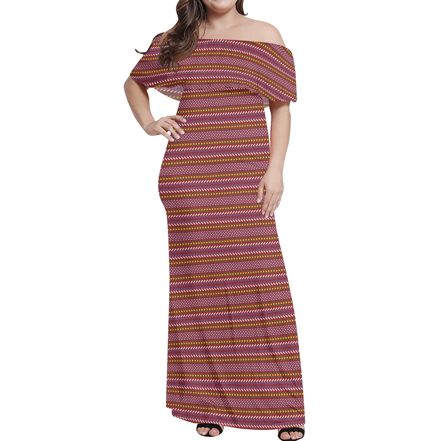 Women's Métis Sash Off Shoulder Long Dress w/ Printed Upper