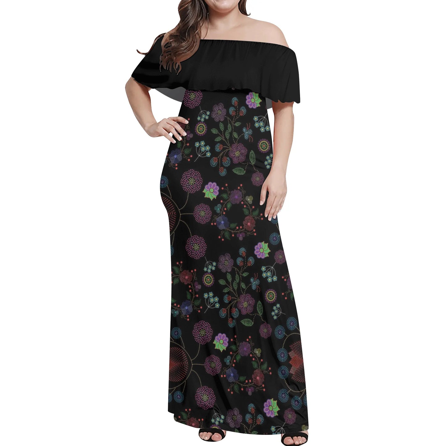 Women's Métis Floral Dotted Off Shoulder Long Dress w/ Black Upper