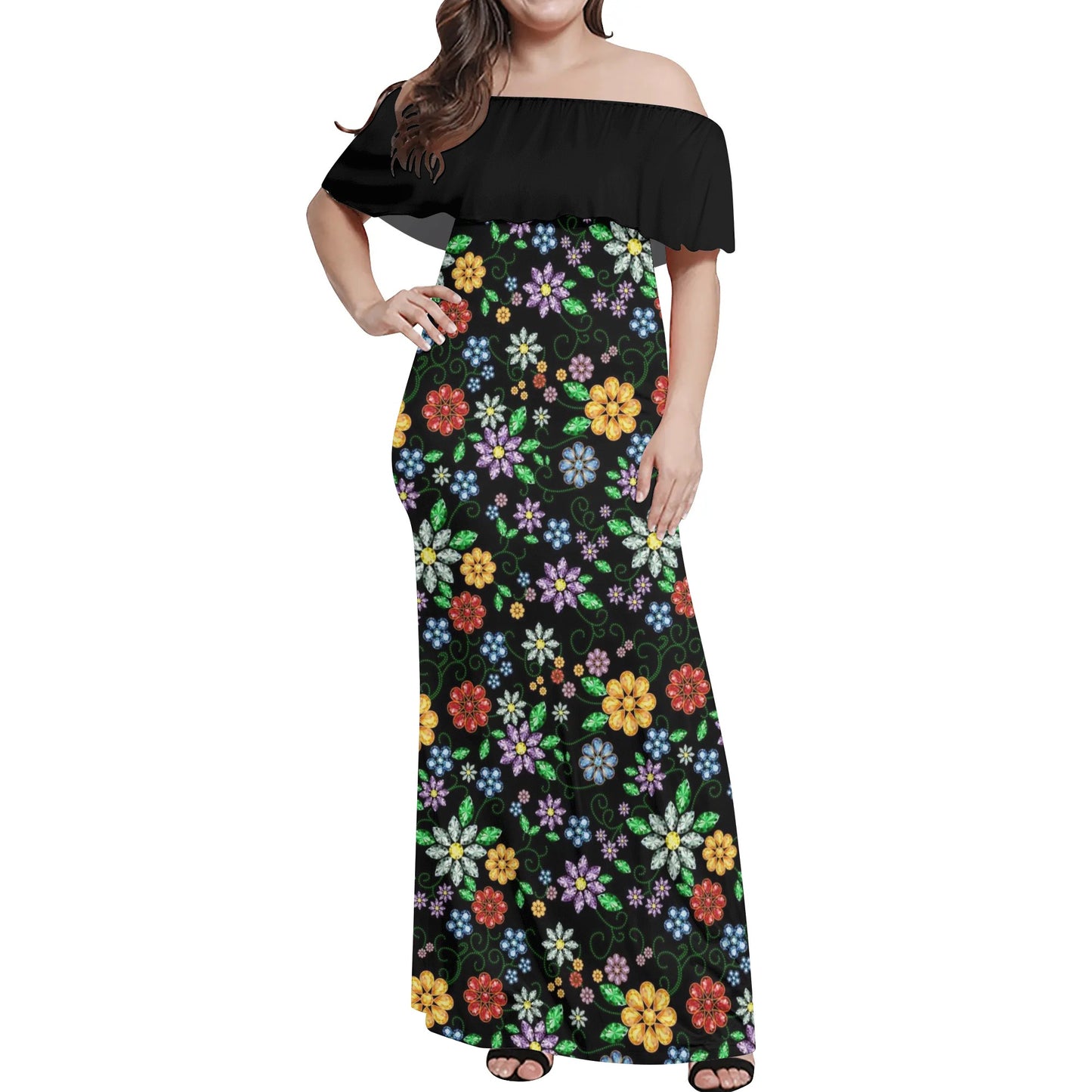 Women's Métis Inspired Floral Off Shoulder Long Dress w/ Black Upper