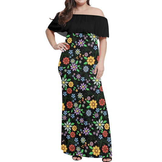 Women's Métis Inspired Floral Off Shoulder Long Dress w/ Black Upper