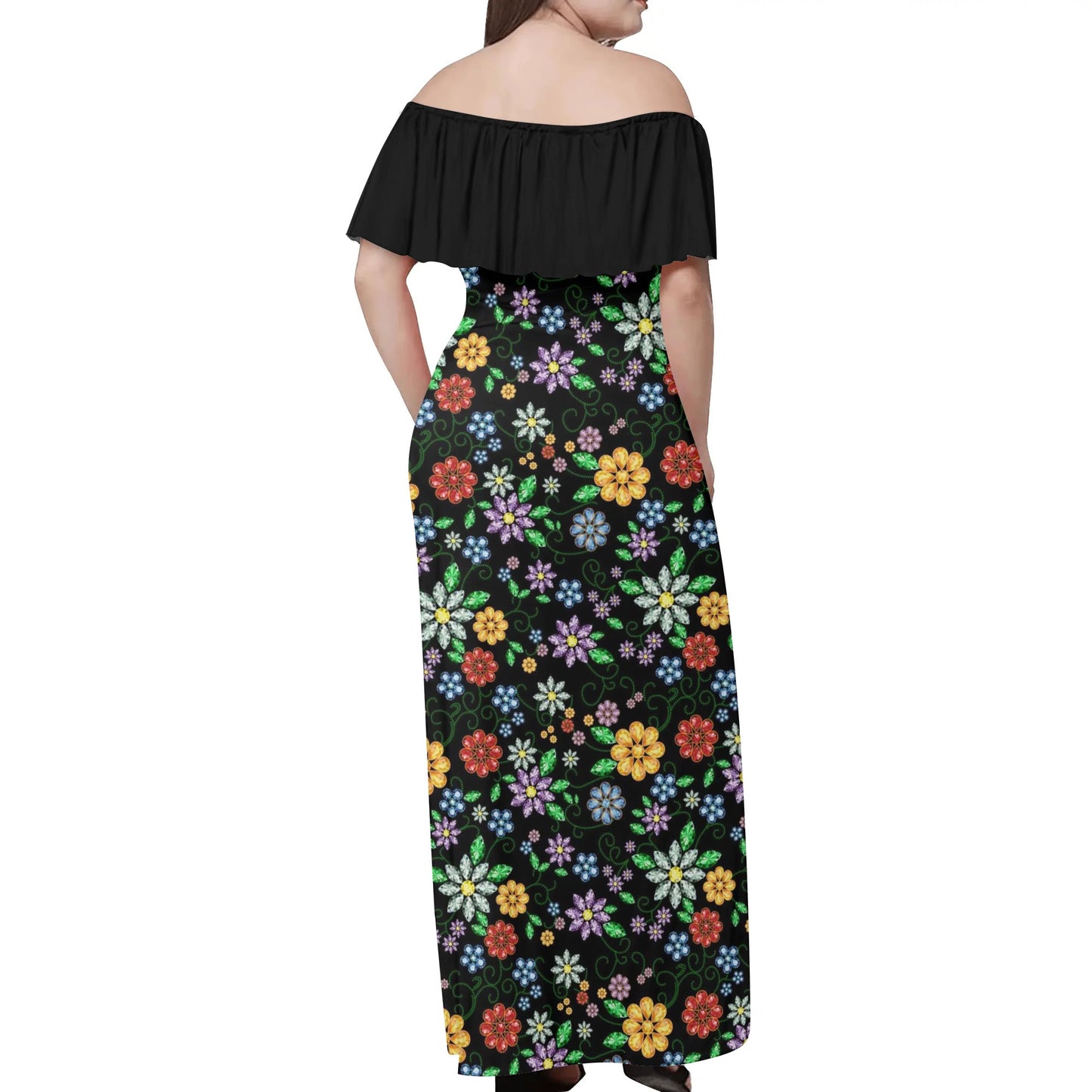 Women's Métis Inspired Floral Off Shoulder Long Dress w/ Black Upper