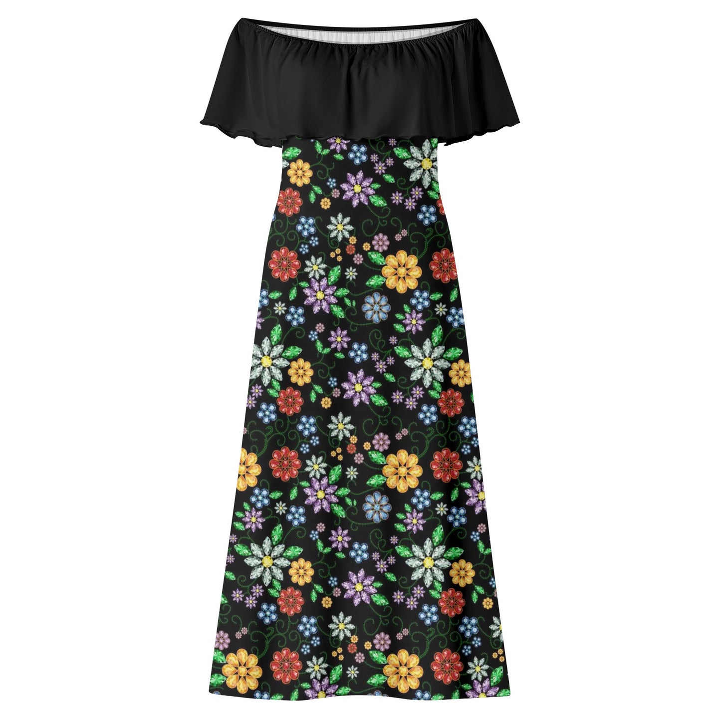 Women's Métis Inspired Floral Off Shoulder Long Dress w/ Black Upper