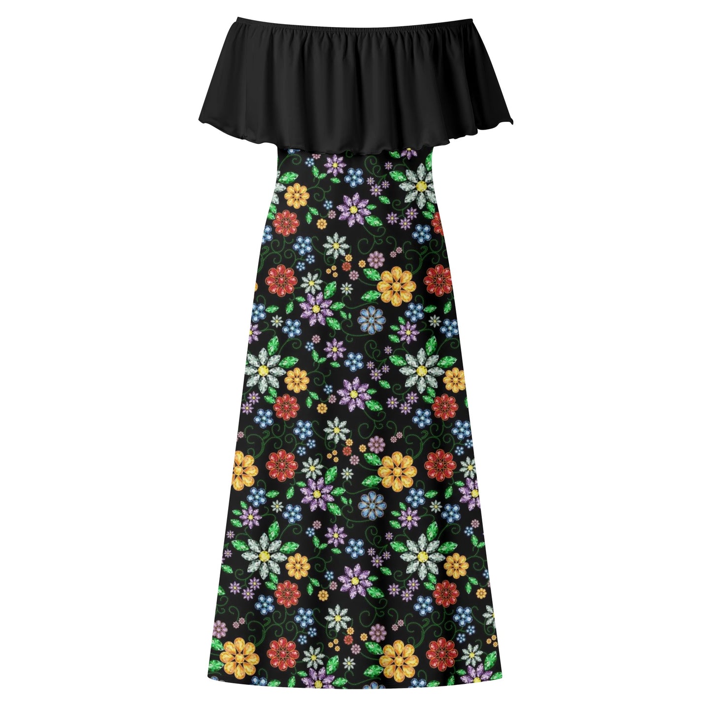 Women's Métis Inspired Floral Off Shoulder Long Dress w/ Black Upper