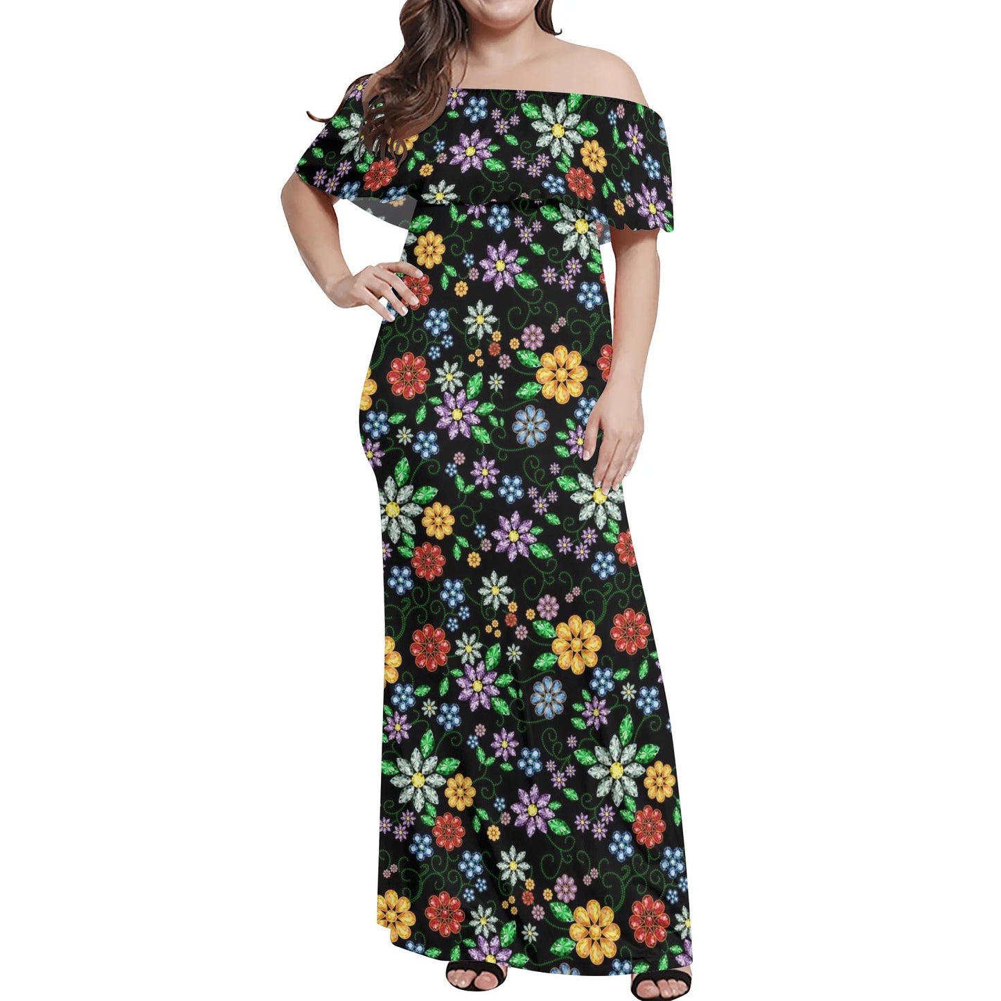 Women's Métis Inspired Floral Off Shoulder Long Dress w/ Printed Upper