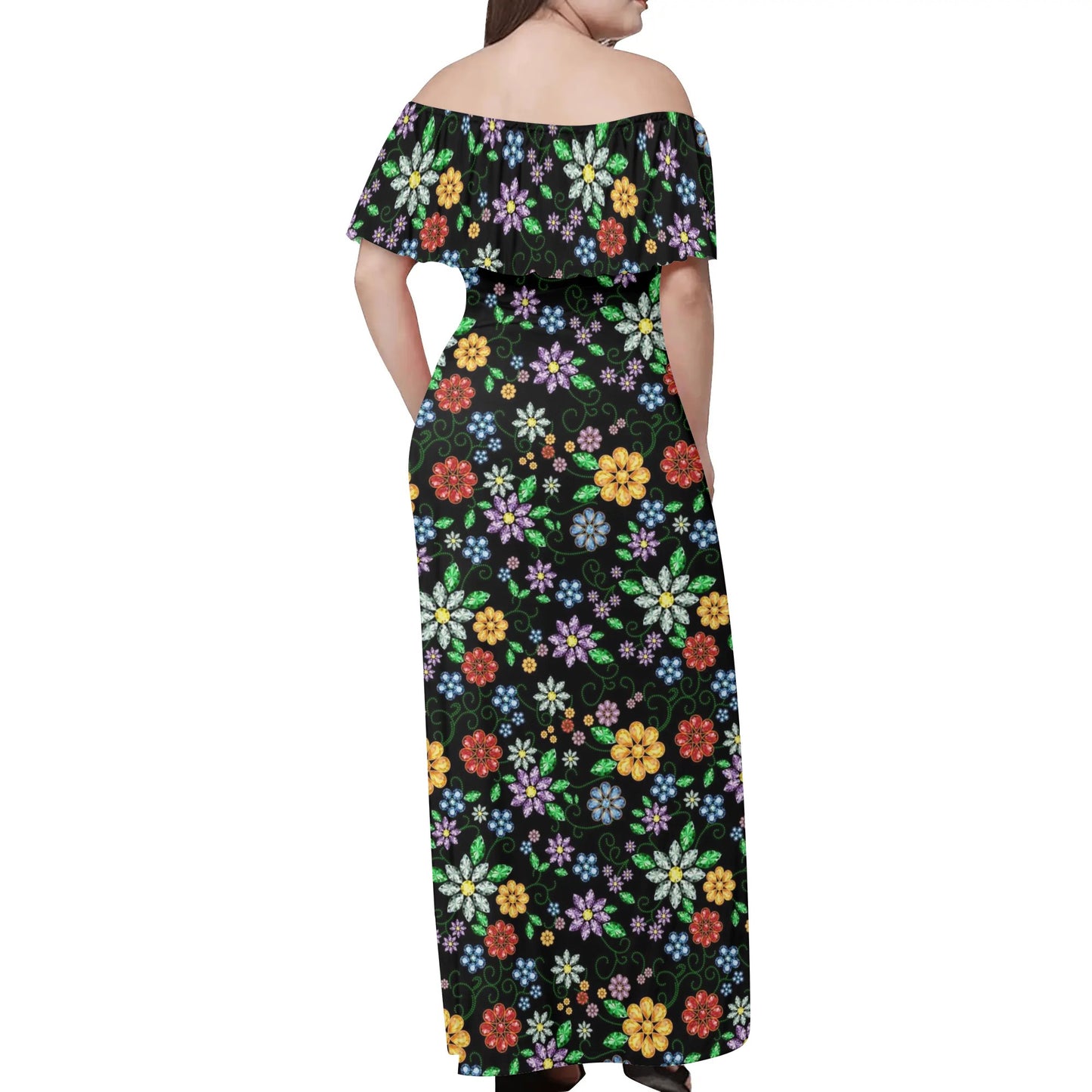 Women's Métis Inspired Floral Off Shoulder Long Dress w/ Printed Upper