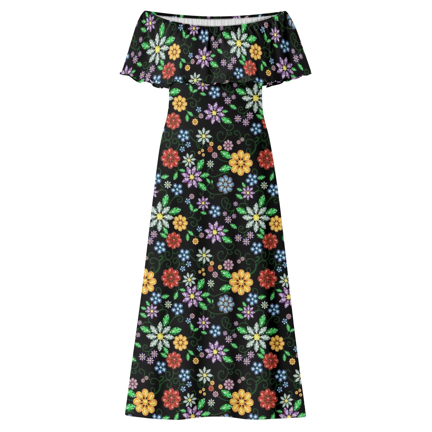 Women's Métis Inspired Floral Off Shoulder Long Dress w/ Printed Upper