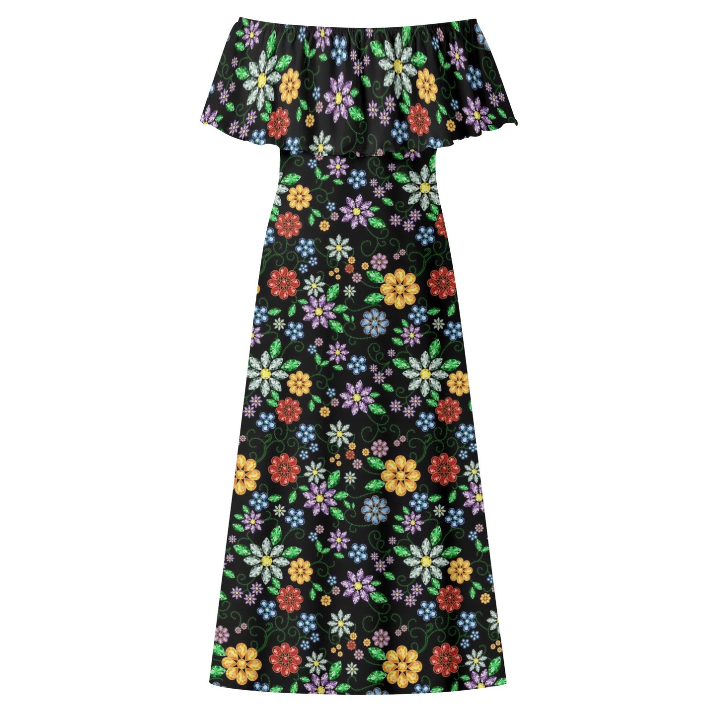 Women's Métis Inspired Floral Off Shoulder Long Dress w/ Printed Upper