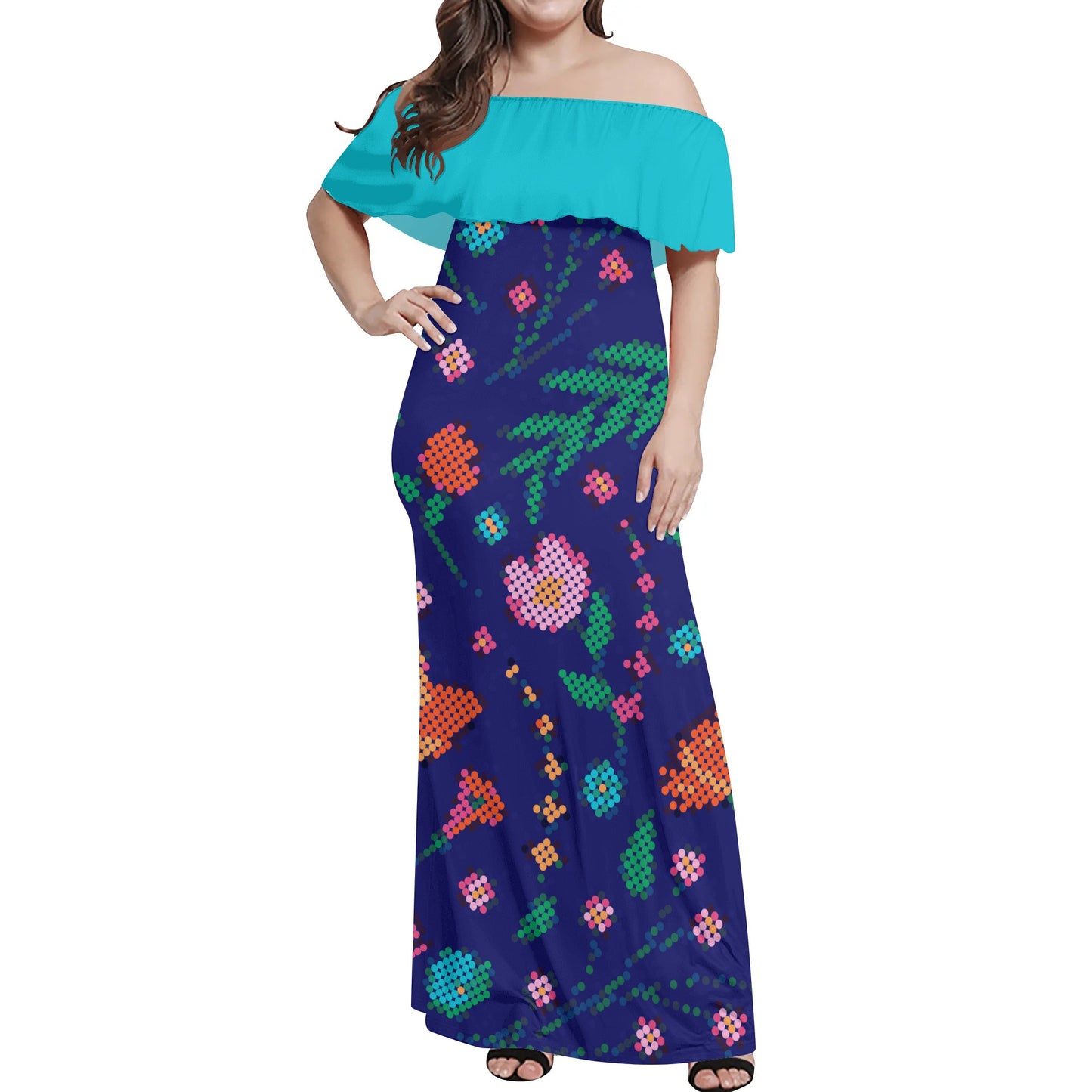 Women's Métis Digital Floral Off Shoulder Long Dress w/ Turquoise Upper