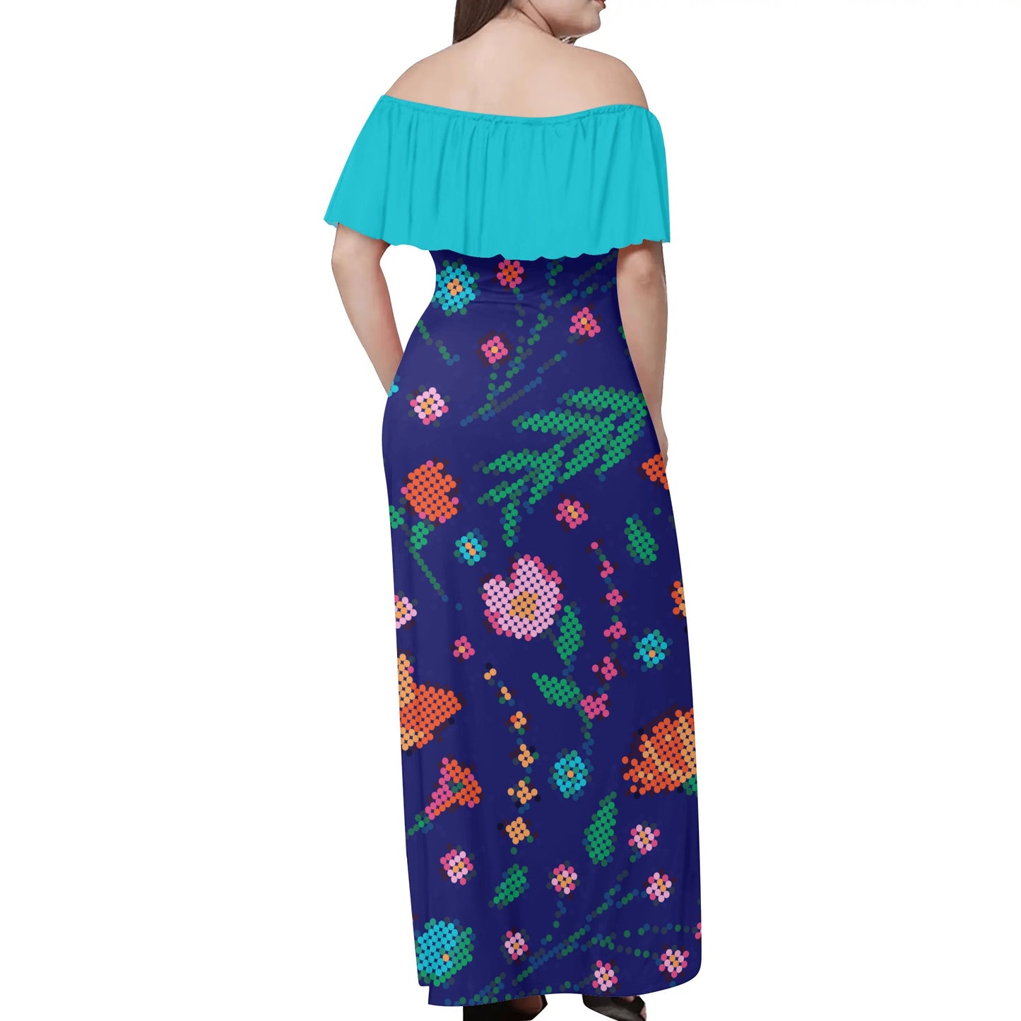 Women's Métis Digital Floral Off Shoulder Long Dress w/ Turquoise Upper