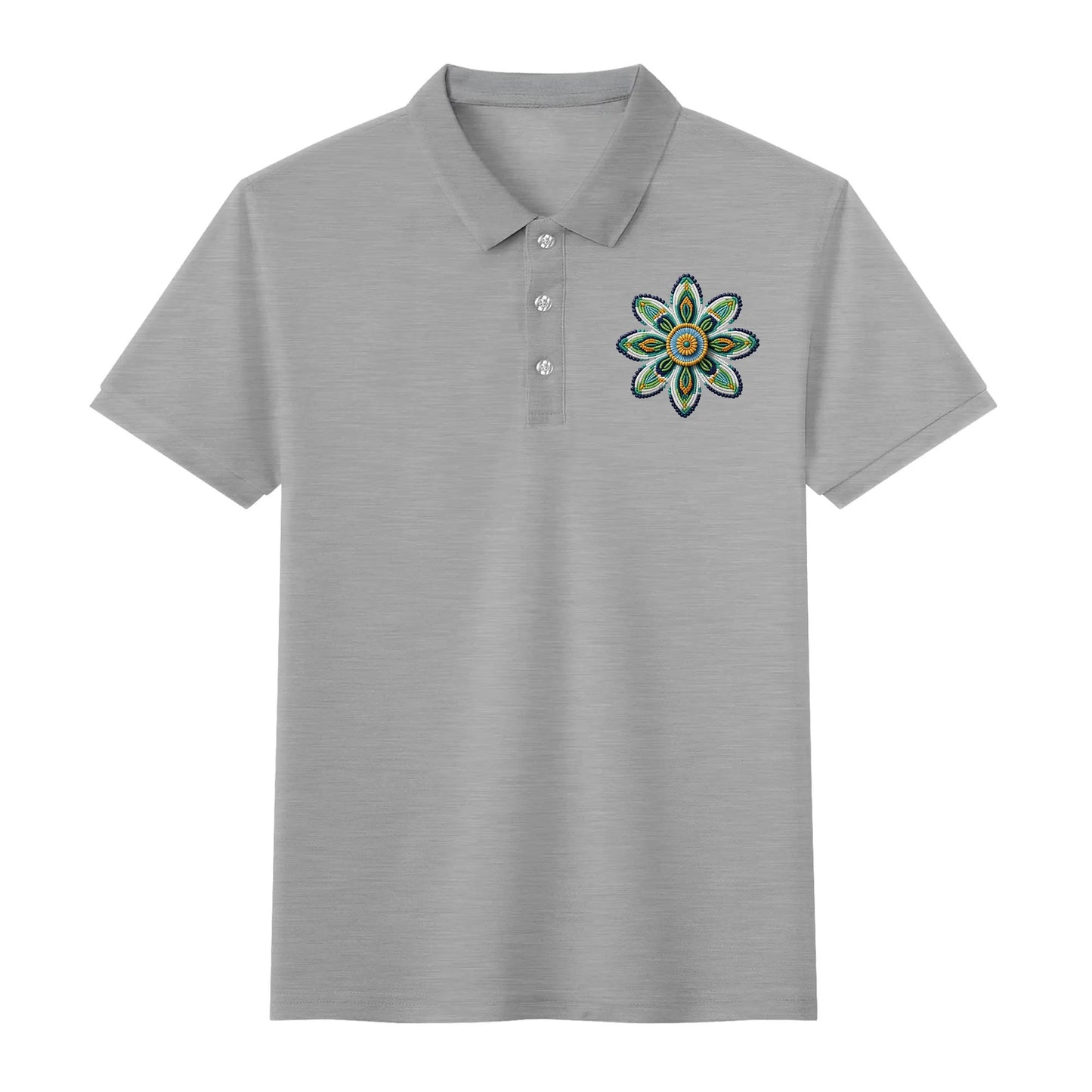 Unisex Green Beaded Flower Cotton Polo Shirt