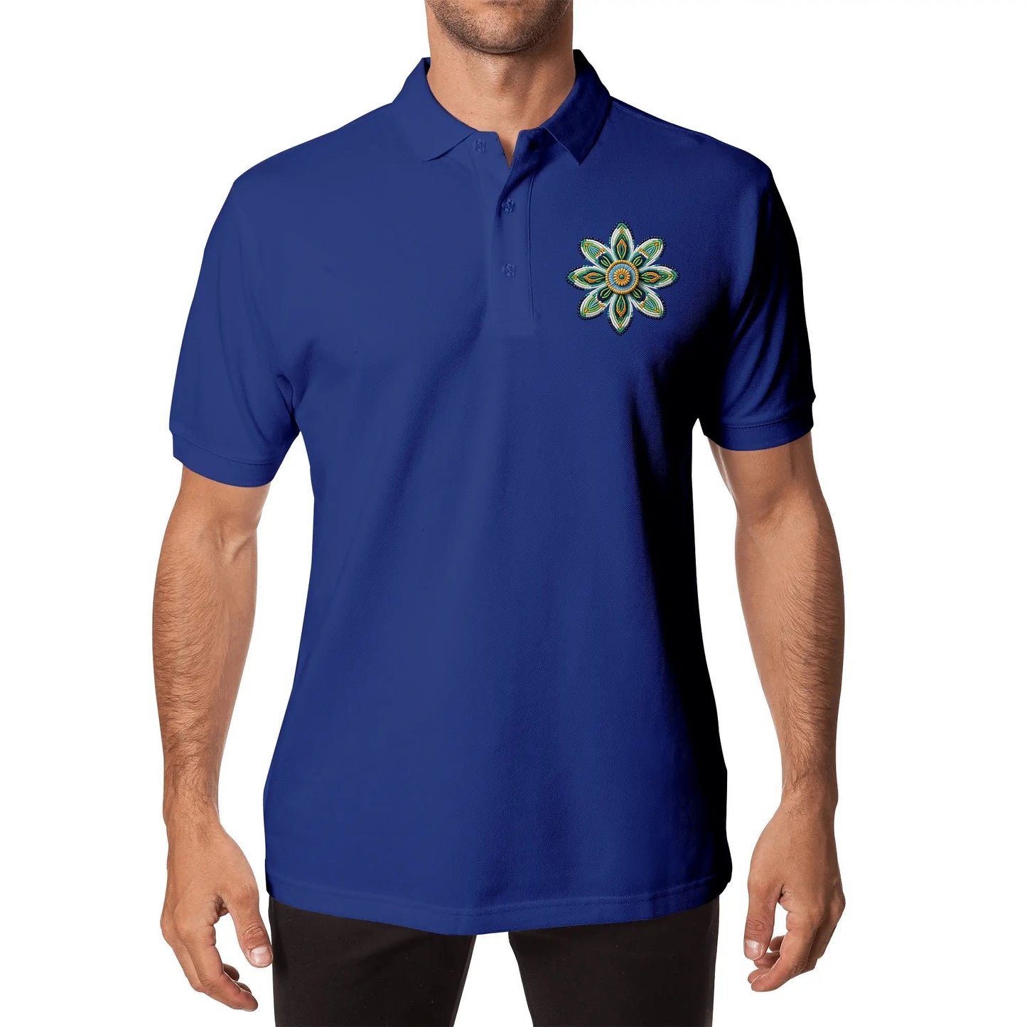 Unisex Green Beaded Flower Cotton Polo Shirt