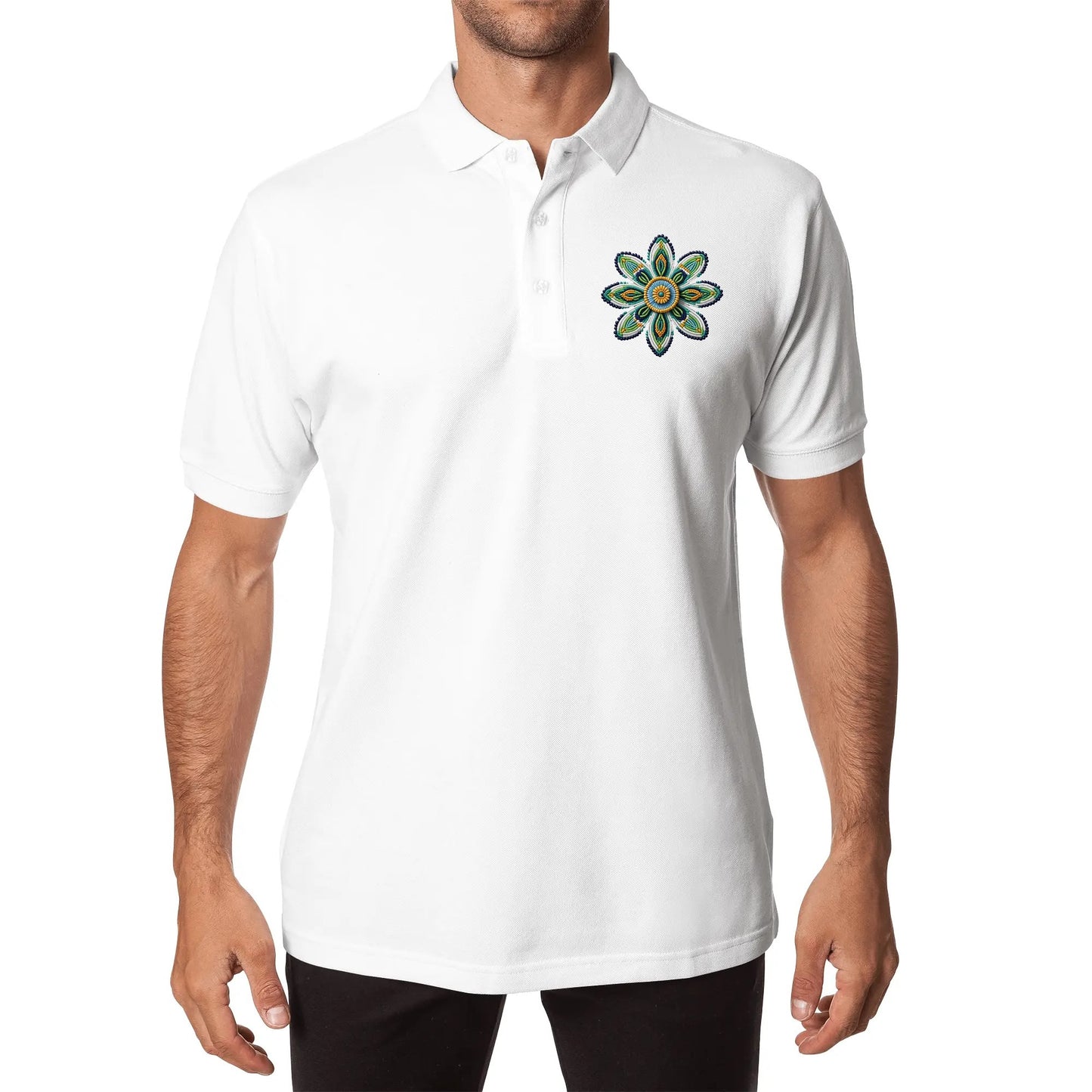 Unisex Green Beaded Flower Cotton Polo Shirt