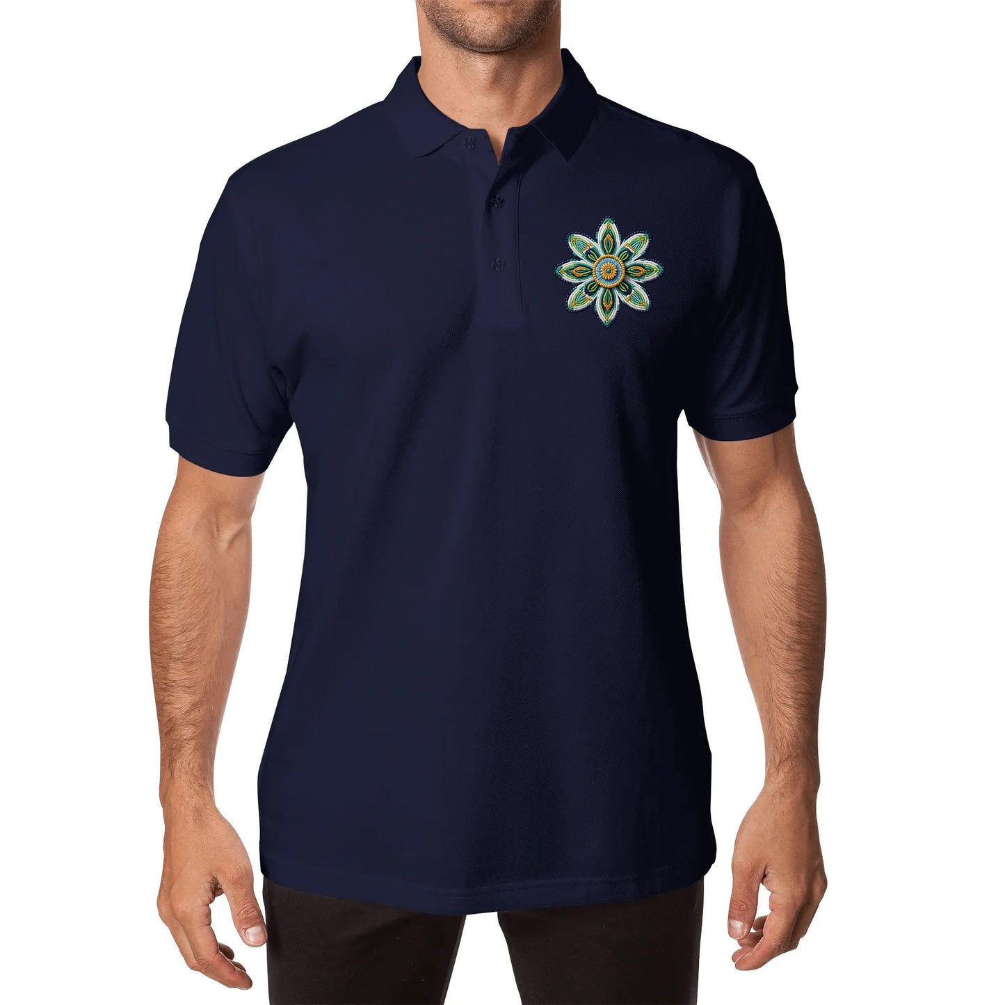 Unisex Green Beaded Flower Cotton Polo Shirt