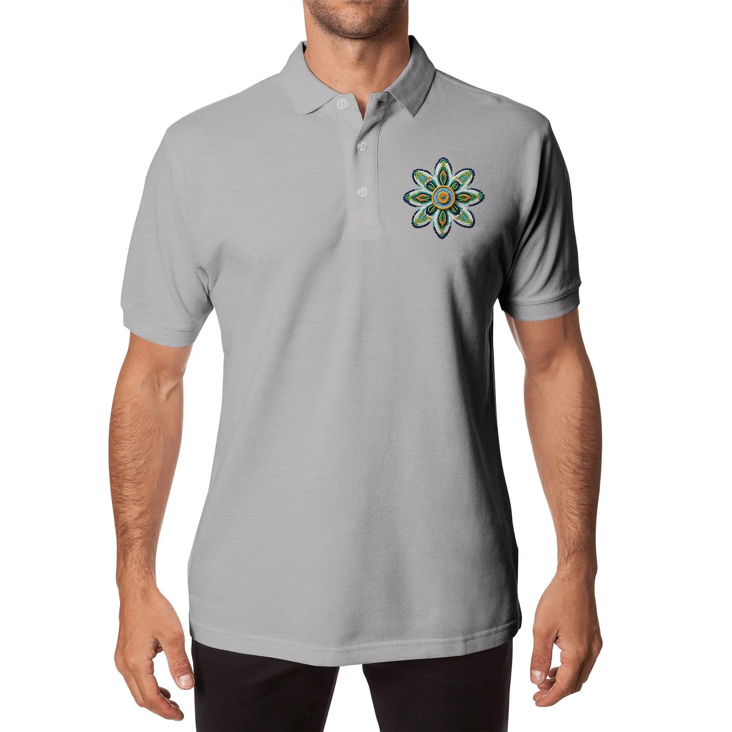 Unisex Green Beaded Flower Cotton Polo Shirt