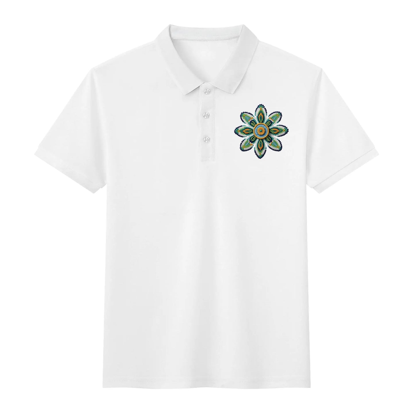 Unisex Green Beaded Flower Cotton Polo Shirt