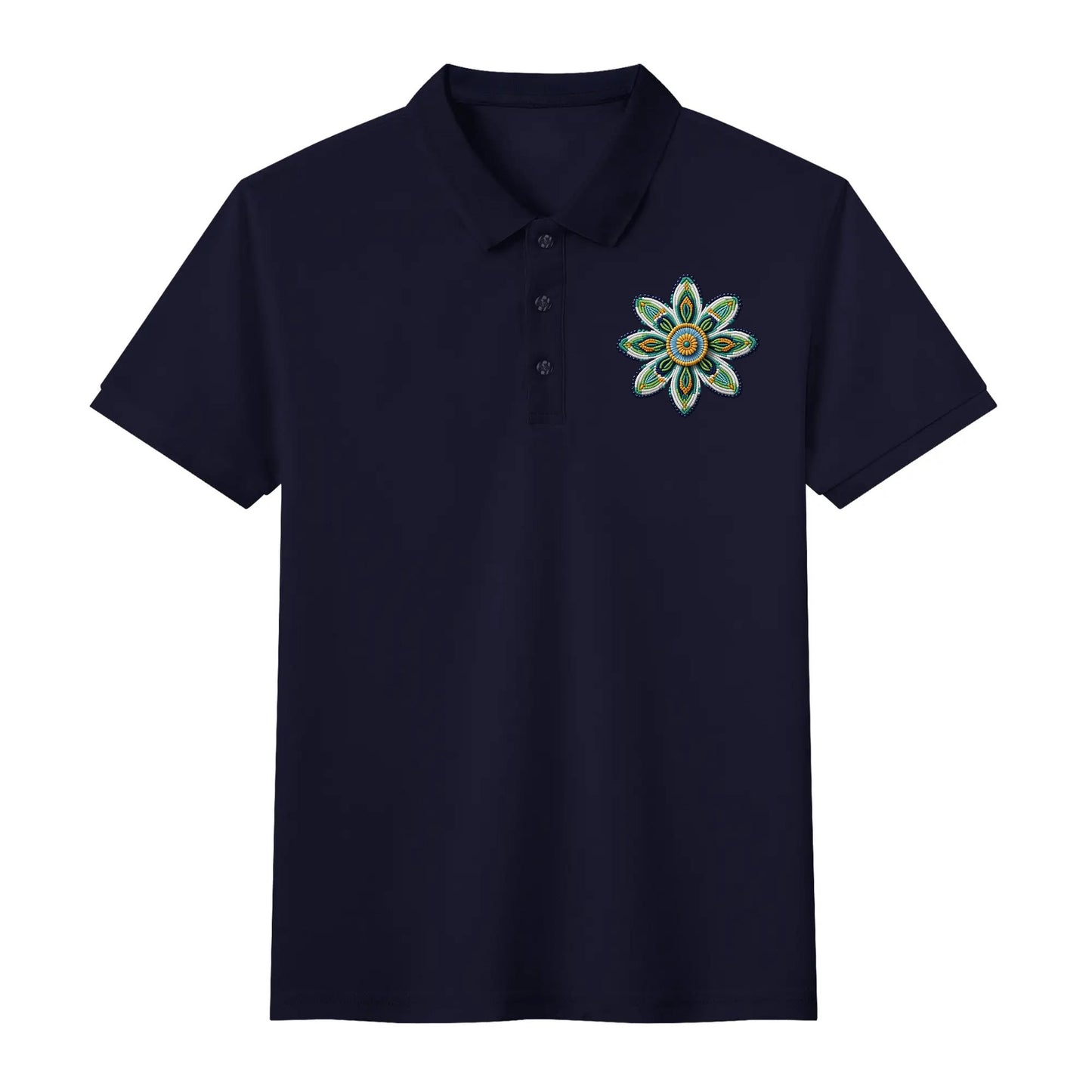 Unisex Green Beaded Flower Cotton Polo Shirt