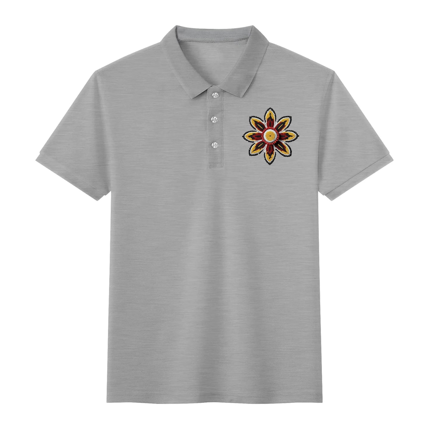 Unisex Red Beaded Flower Cotton Polo Shirt