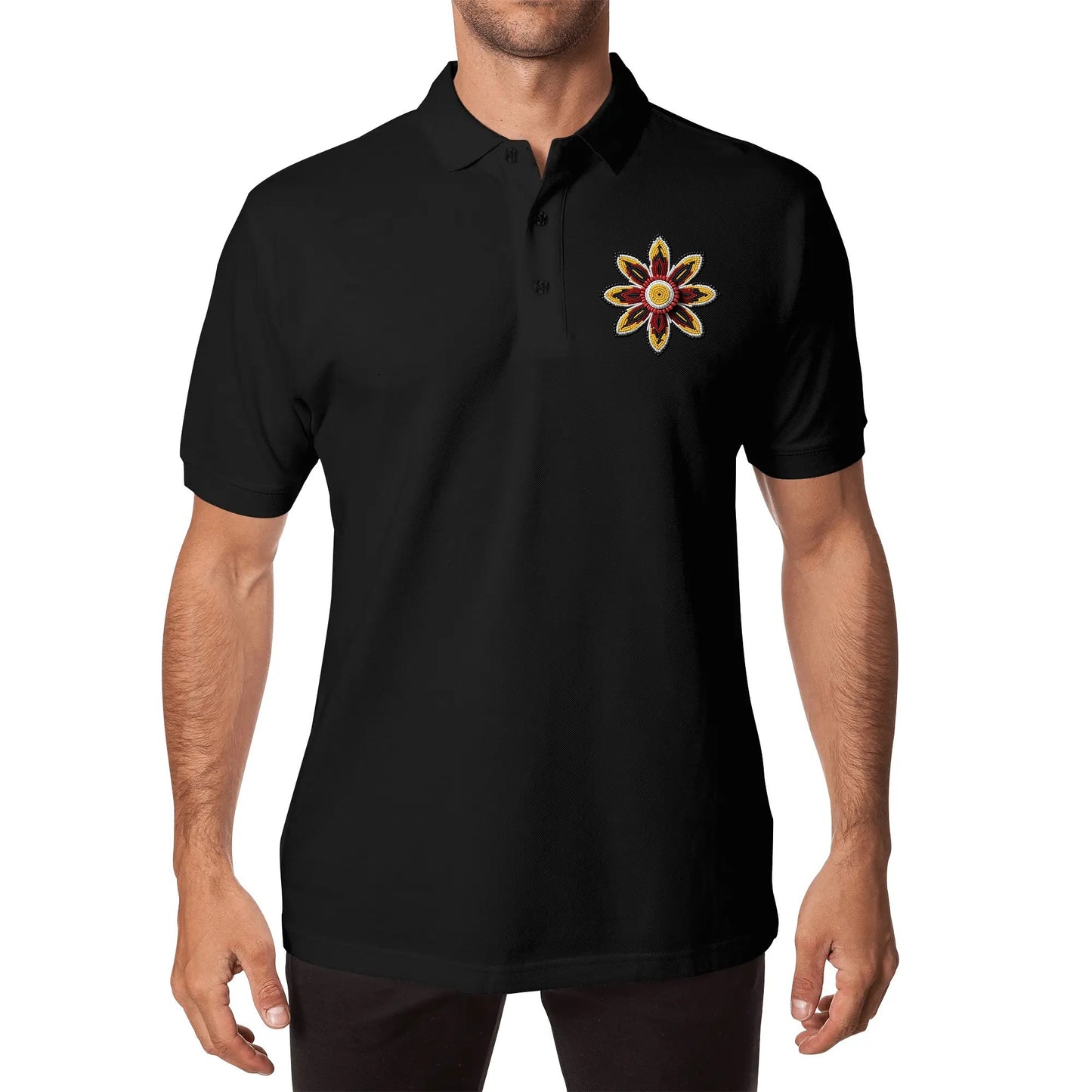 Unisex Red Beaded Flower Cotton Polo Shirt