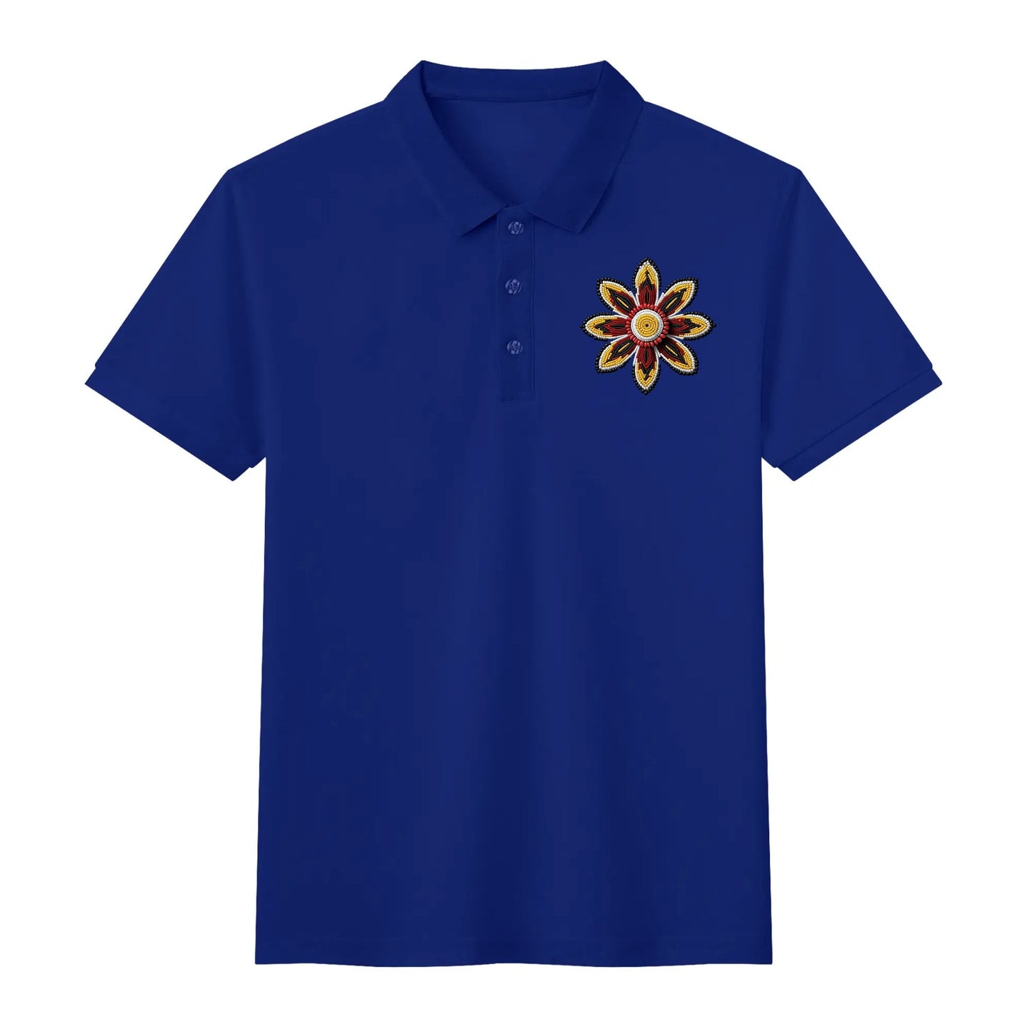 Unisex Red Beaded Flower Cotton Polo Shirt