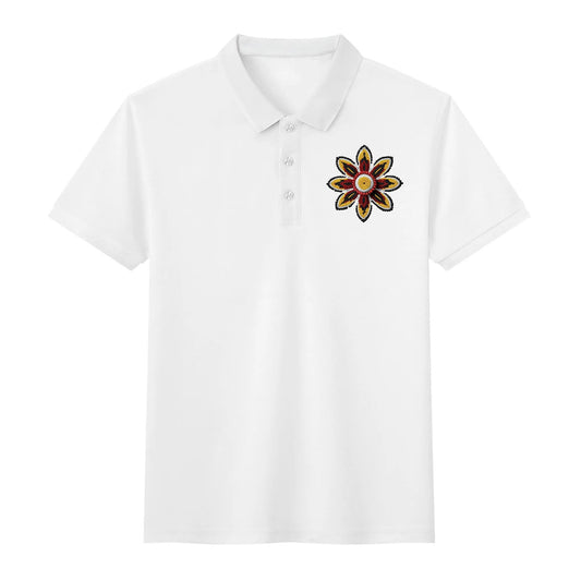 Unisex Red Beaded Flower Cotton Polo Shirt