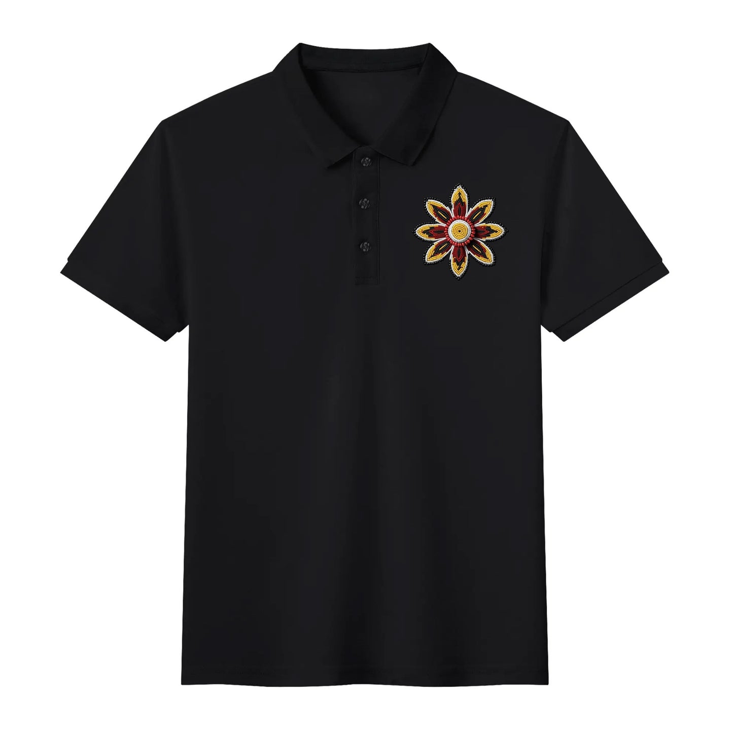 Unisex Red Beaded Flower Cotton Polo Shirt