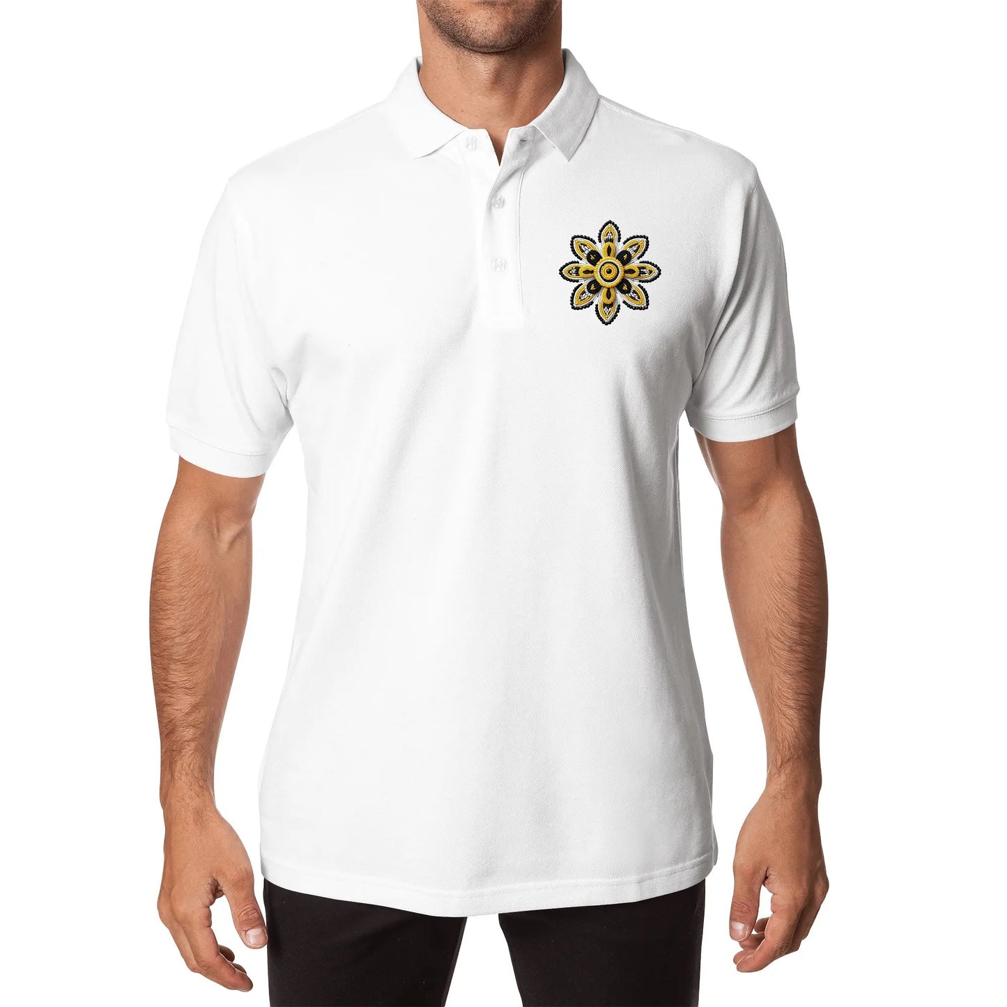 Unisex Yellow Beaded Flower Cotton Polo Shirt