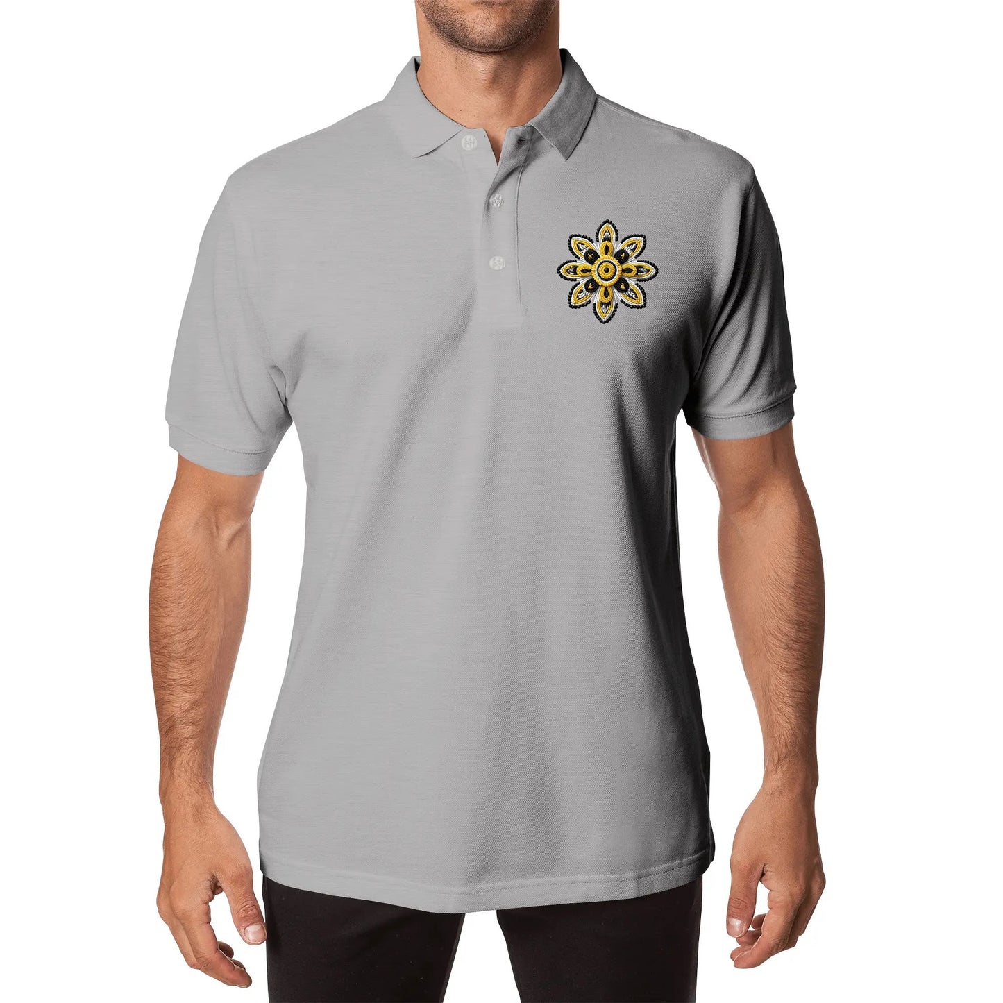 Unisex Yellow Beaded Flower Cotton Polo Shirt