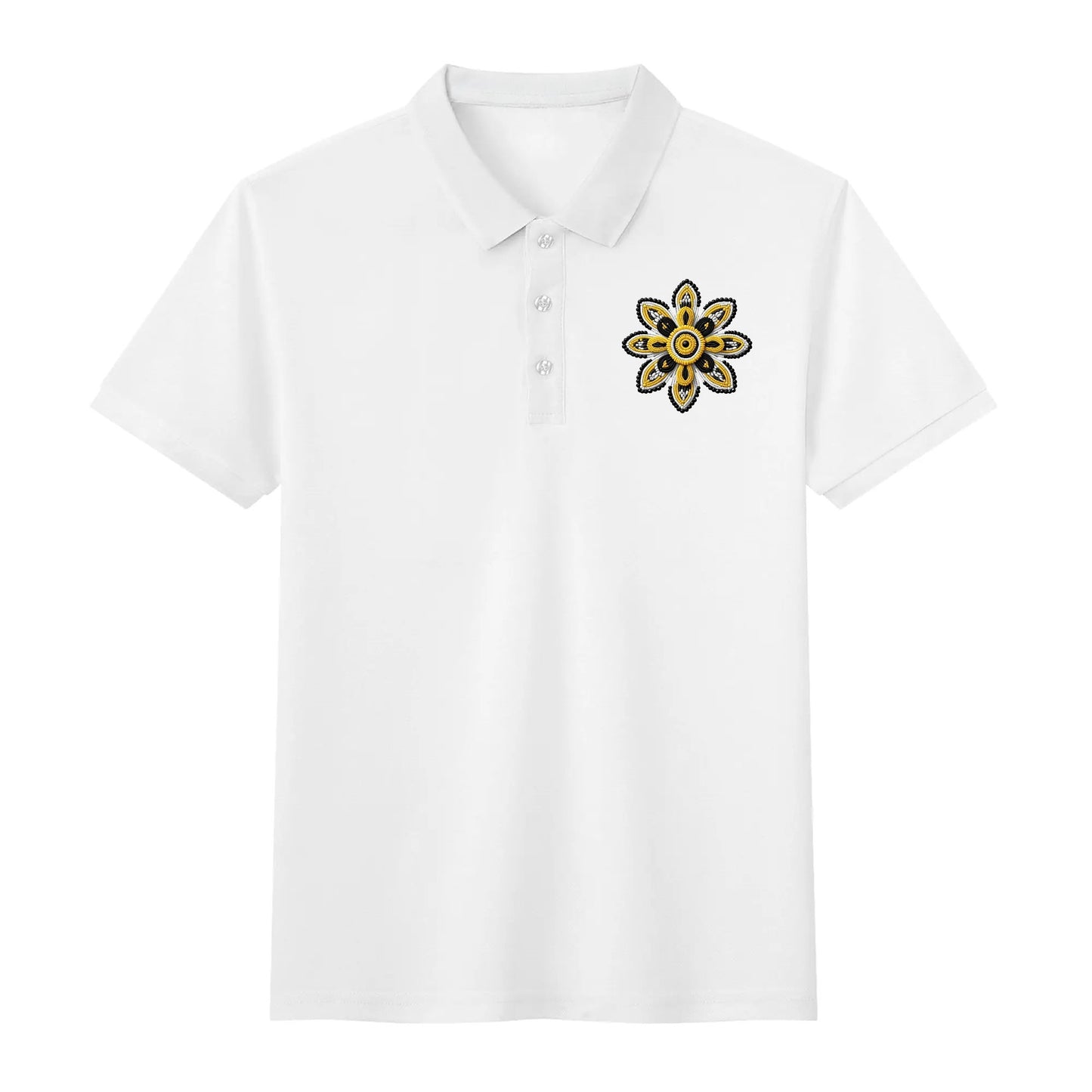 Unisex Yellow Beaded Flower Cotton Polo Shirt