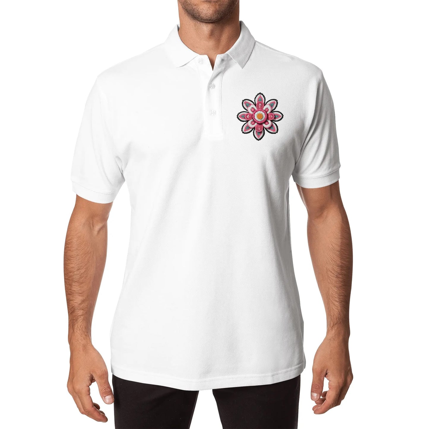 Unisex Pink Beaded Flower Cotton Polo Shirt