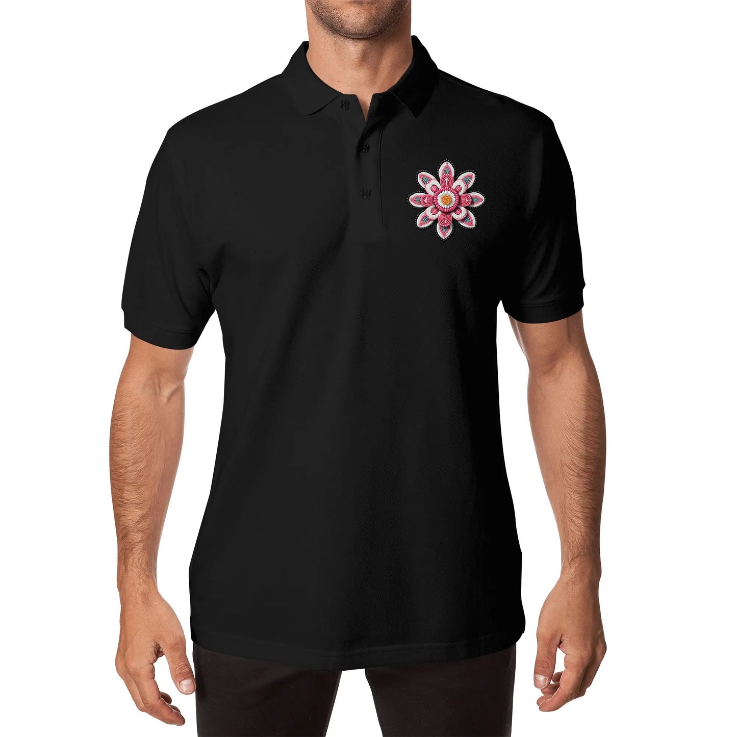 Unisex Pink Beaded Flower Cotton Polo Shirt