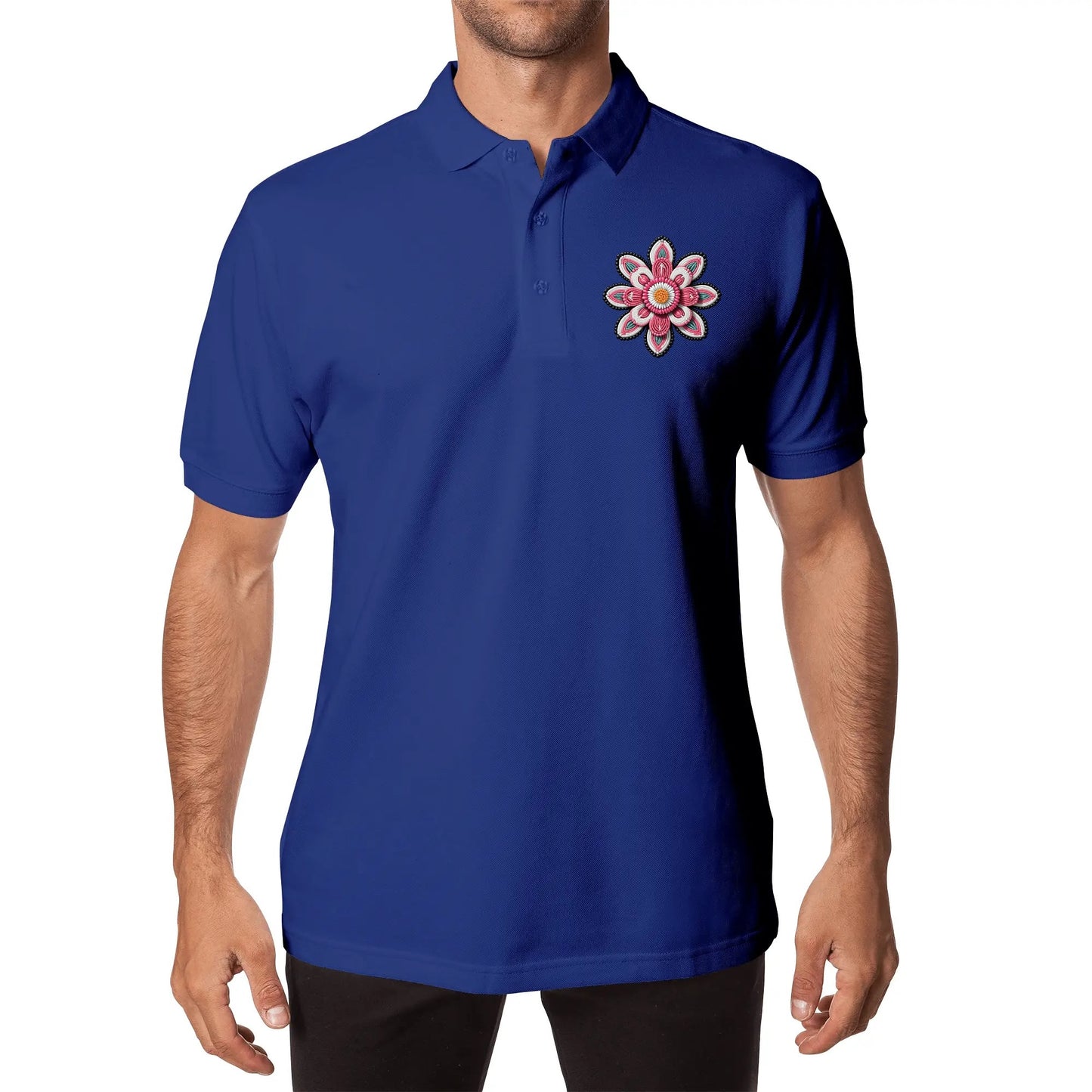 Unisex Pink Beaded Flower Cotton Polo Shirt