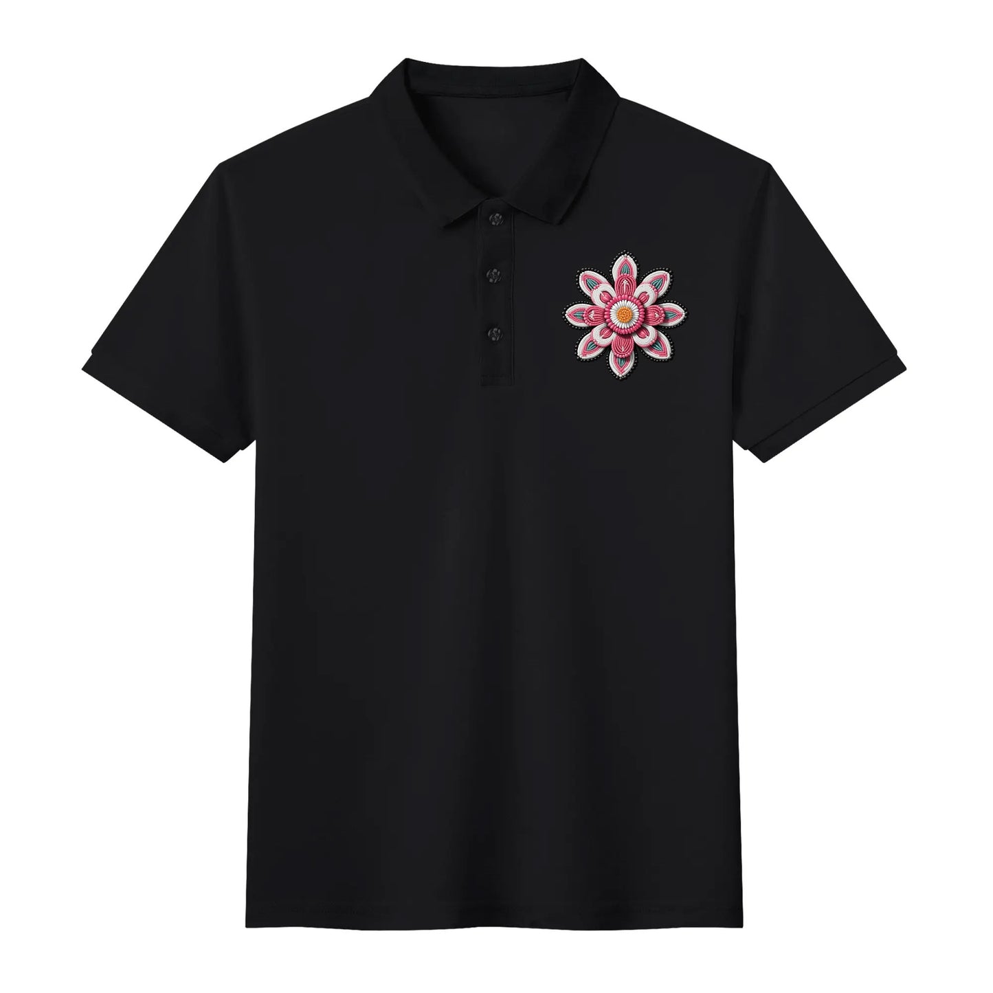 Unisex Pink Beaded Flower Cotton Polo Shirt