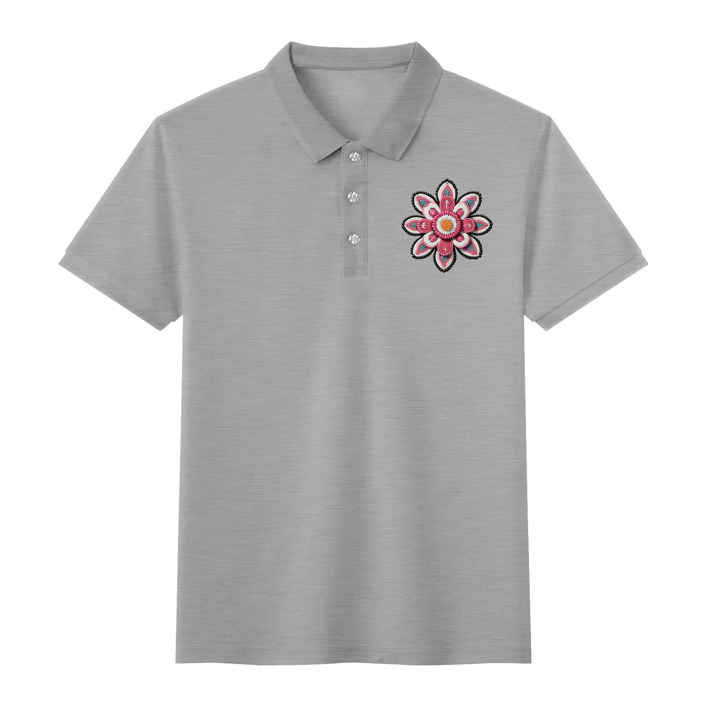 Unisex Pink Beaded Flower Cotton Polo Shirt