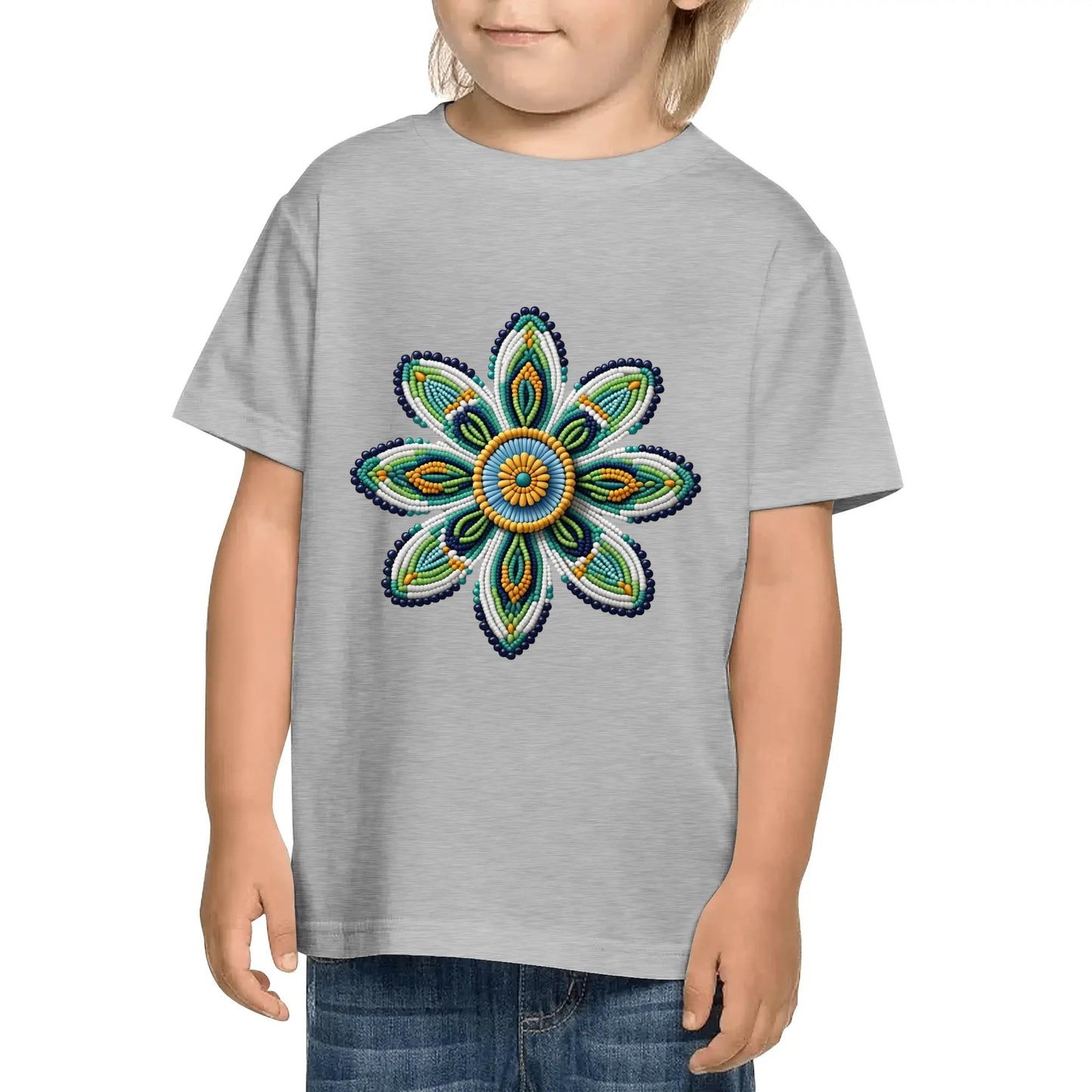 Children's Green Beaded Flower Cotton T-Shirt