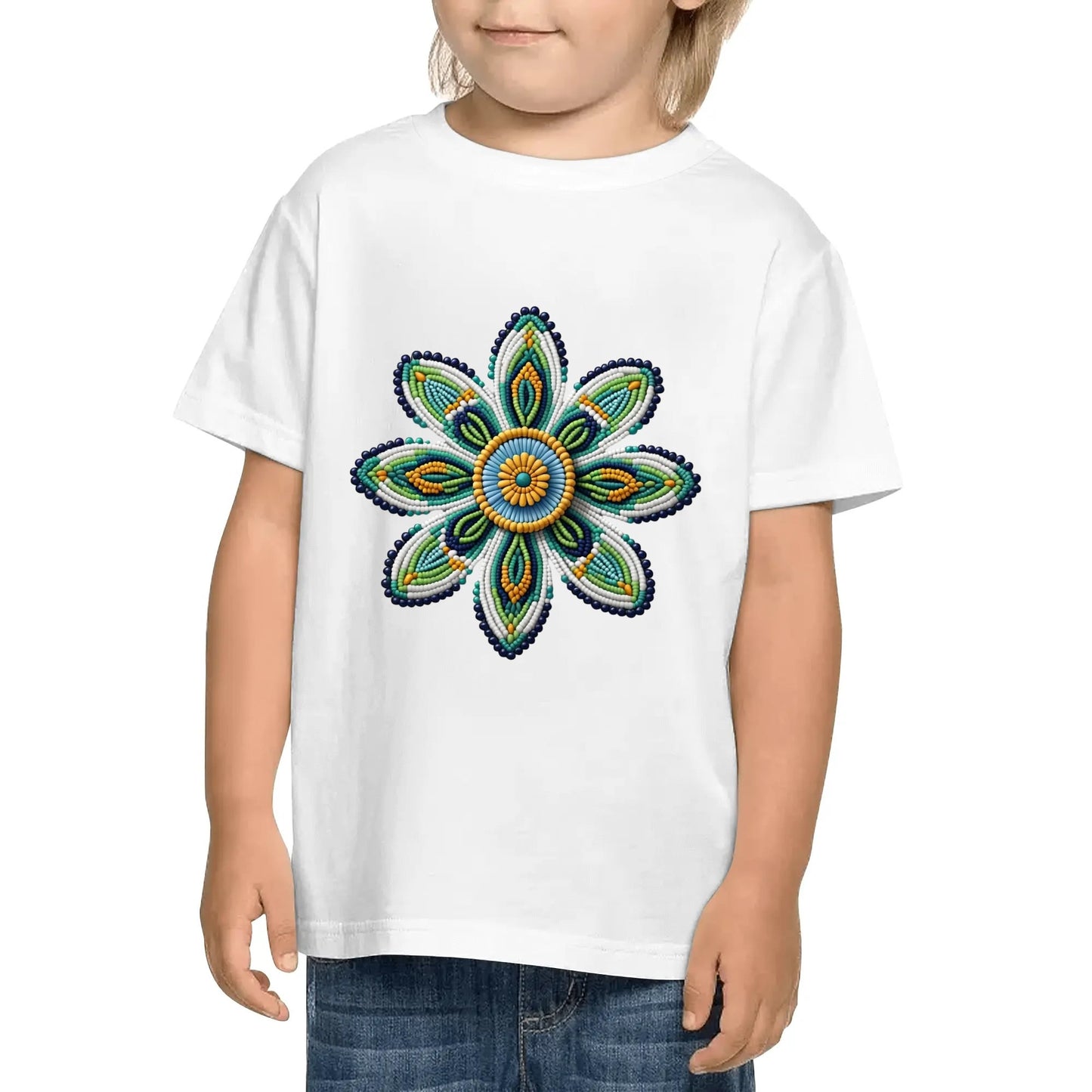 Children's Green Beaded Flower Cotton T-Shirt