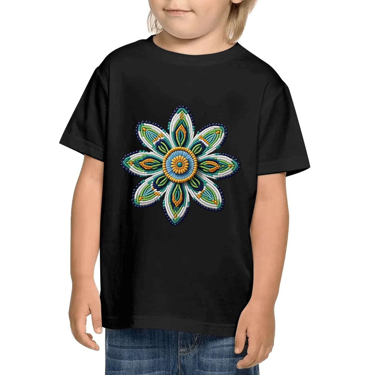 Children's Green Beaded Flower Cotton T-Shirt