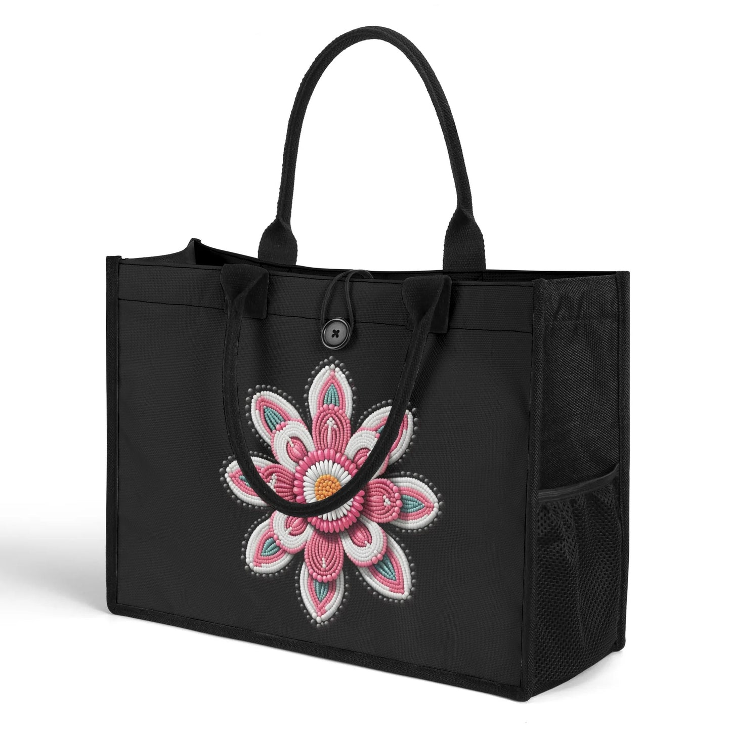 Pink Beaded Flower Premium Canvas Tote Bag