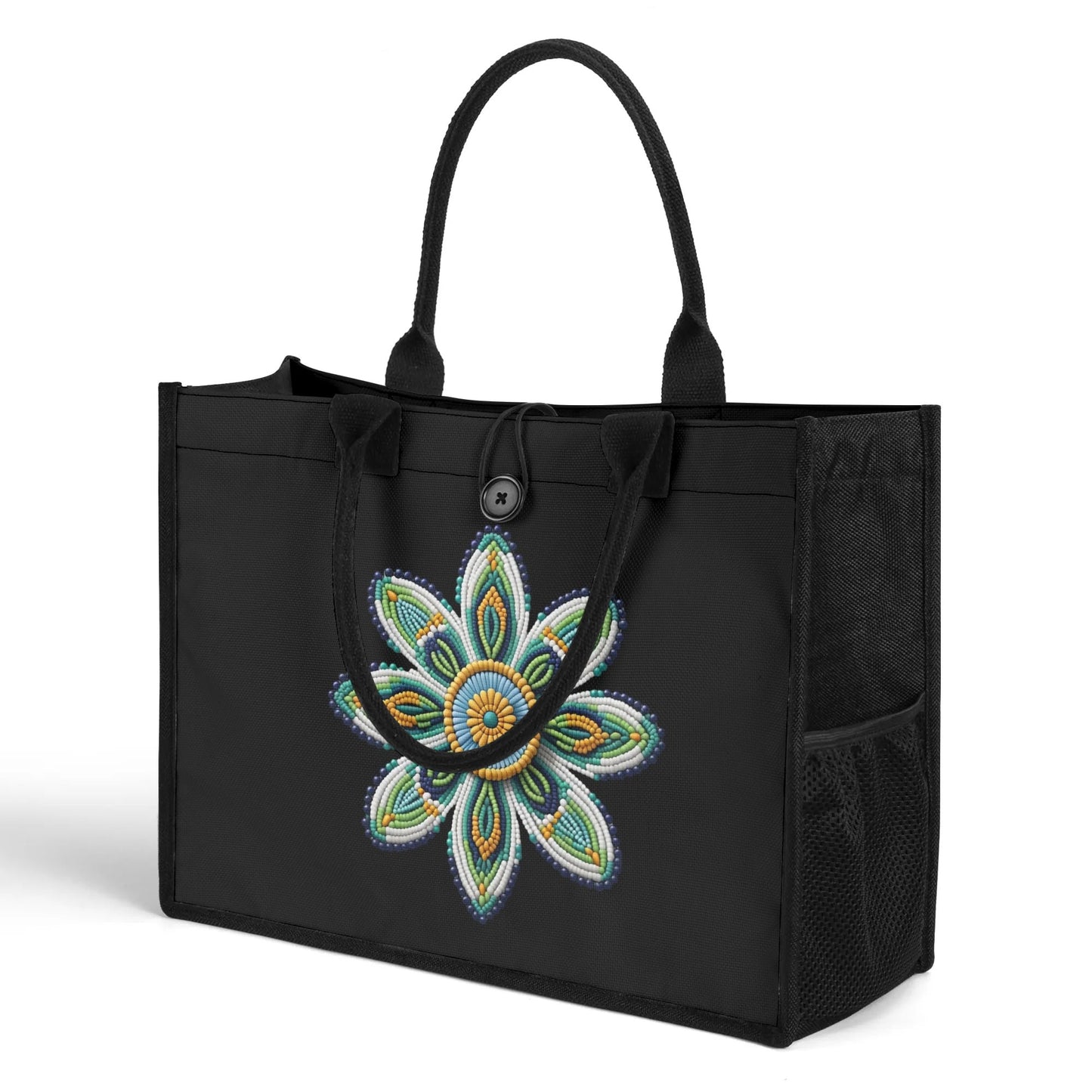 Green Beaded Flower Premium Canvas Tote Bag