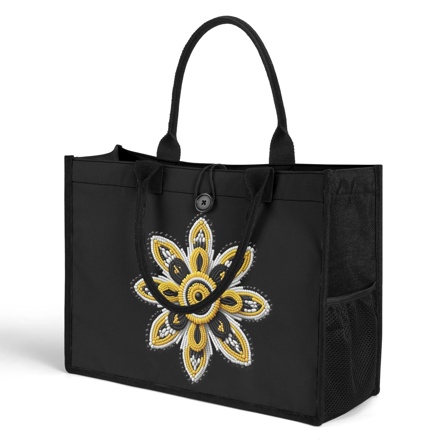 Yellow Beaded Flower Premium Canvas Tote Bag